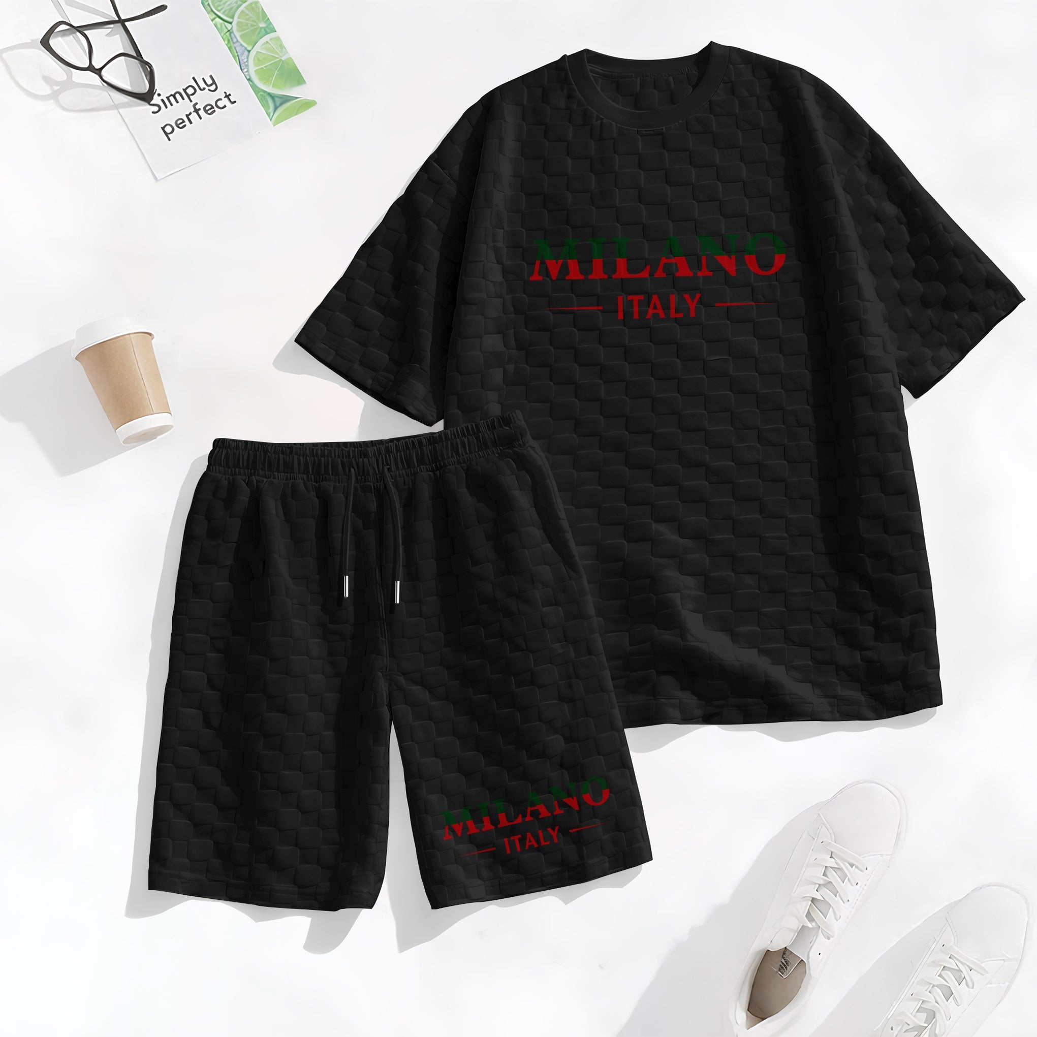Men's Spring and Summer Milan Letter Print Checkered Fabric Drawstring Shorts Set, Casual Summer Outfit with Short-Sleeved Shirt and Shorts, Ideal for Everyday Wear and Sports Activities