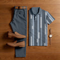 Men's Casual Dark Gray Stripes Printed Polo Shirt And Pants Two-Piece Set