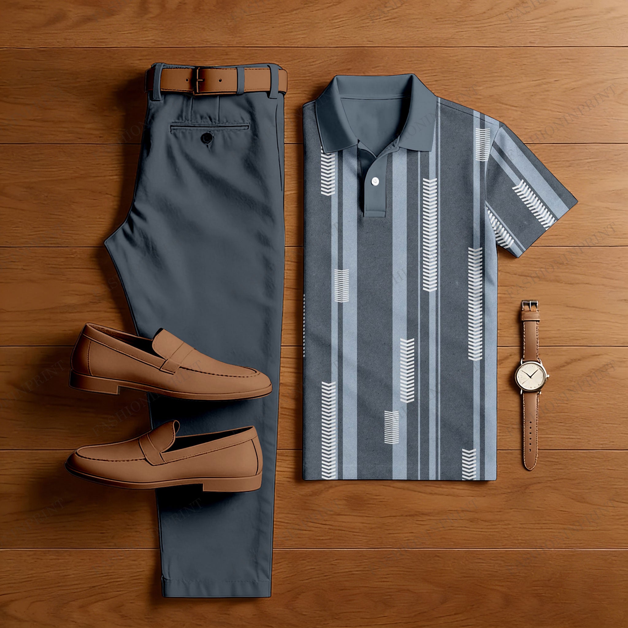 Men's Casual Dark Gray Stripes Printed Polo Shirt And Pants Two-Piece Set