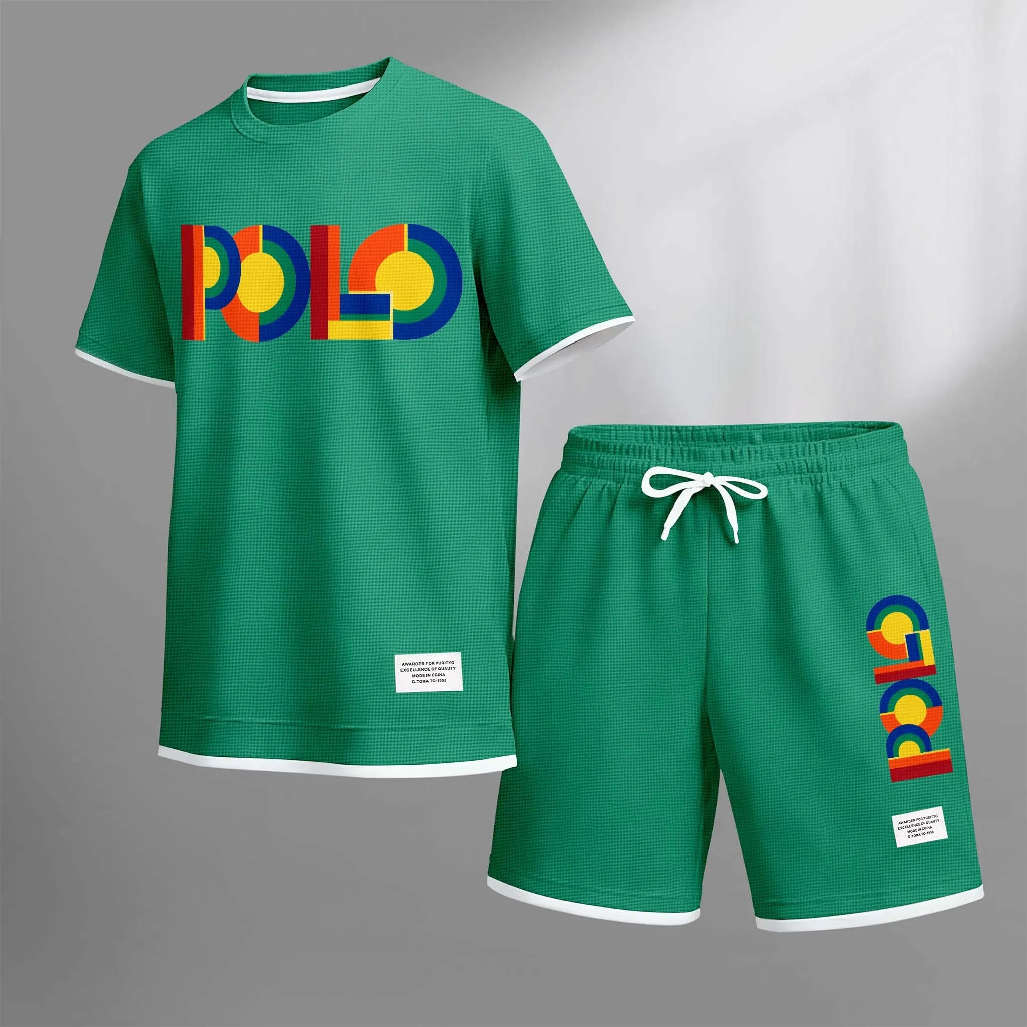 Men's Polo Print Drawstring Shorts Set For Spring/Summer. A Casual Summer Outfit, Including A Short-Sleeved Shirt And Shorts, Suitable For Everyday Wear And Sports. A Two-Piece Set For A Relaxed And Energetic Lifestyle.