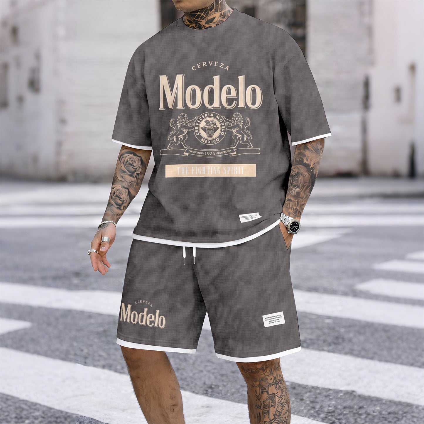 Men's Beer Print Drawstring Shorts Set, Suitable For Spring And Summer Wear, Casual Summer Set, Including Short-Sleeved Shirt And Shorts, Suitable For Everyday Wear And Sports 02