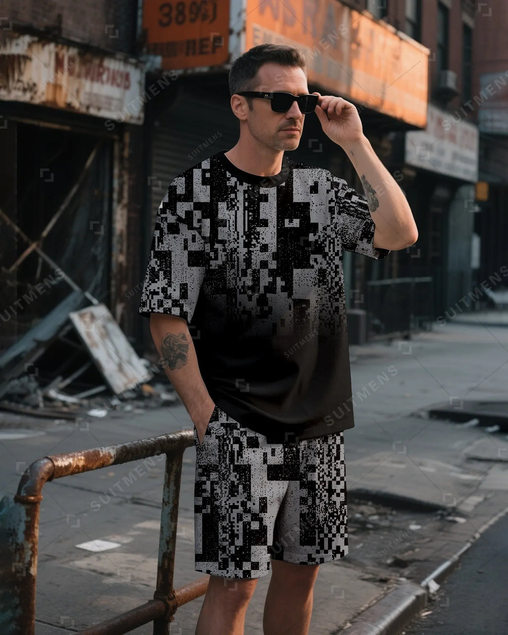 Men's Summer Colorblock Printed Round Neck Suit 015