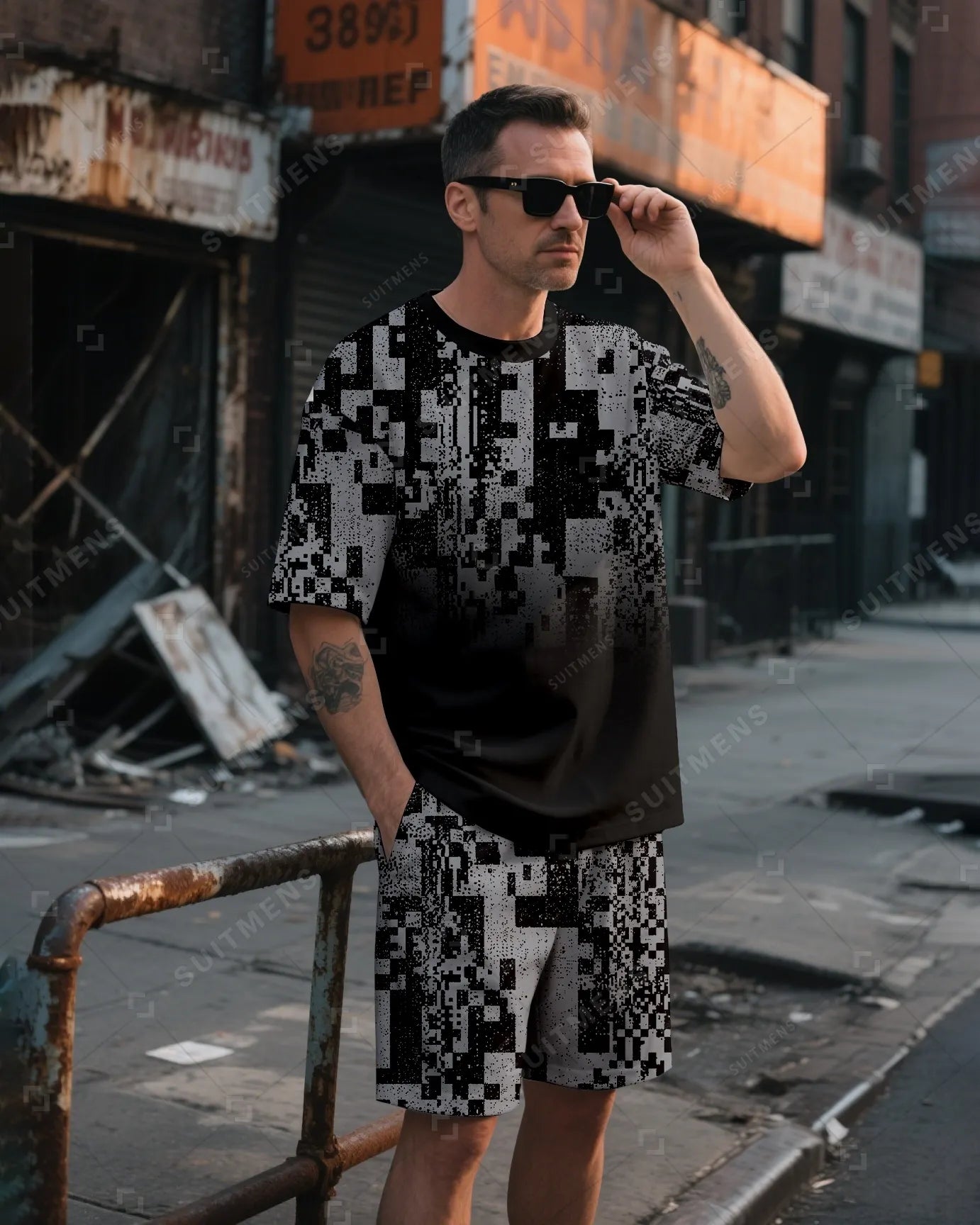 Men's Summer Colorblock Printed Round Neck Suit 015
