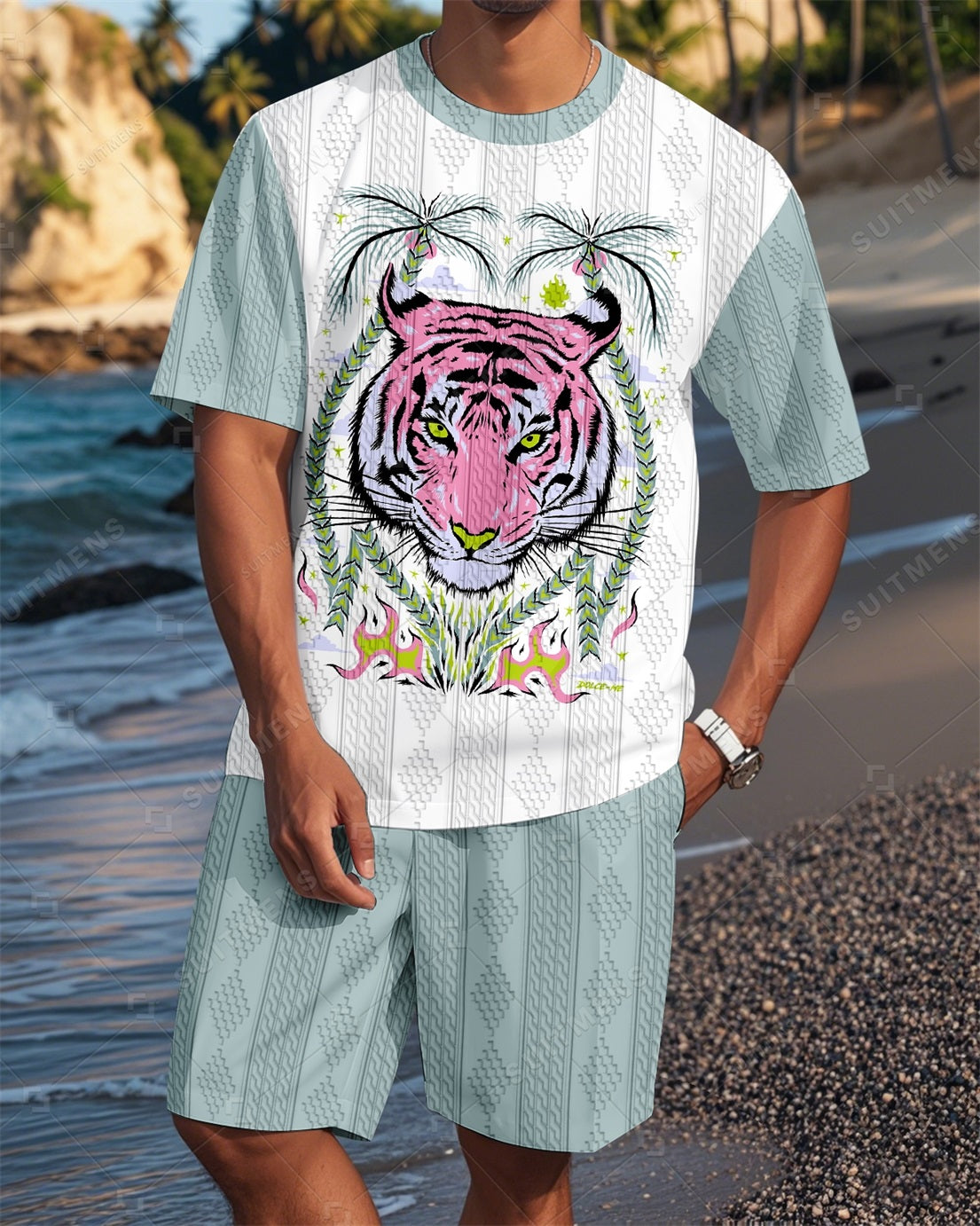 Men's Crew Neck Jacquard Textured Print Shorts Set  019