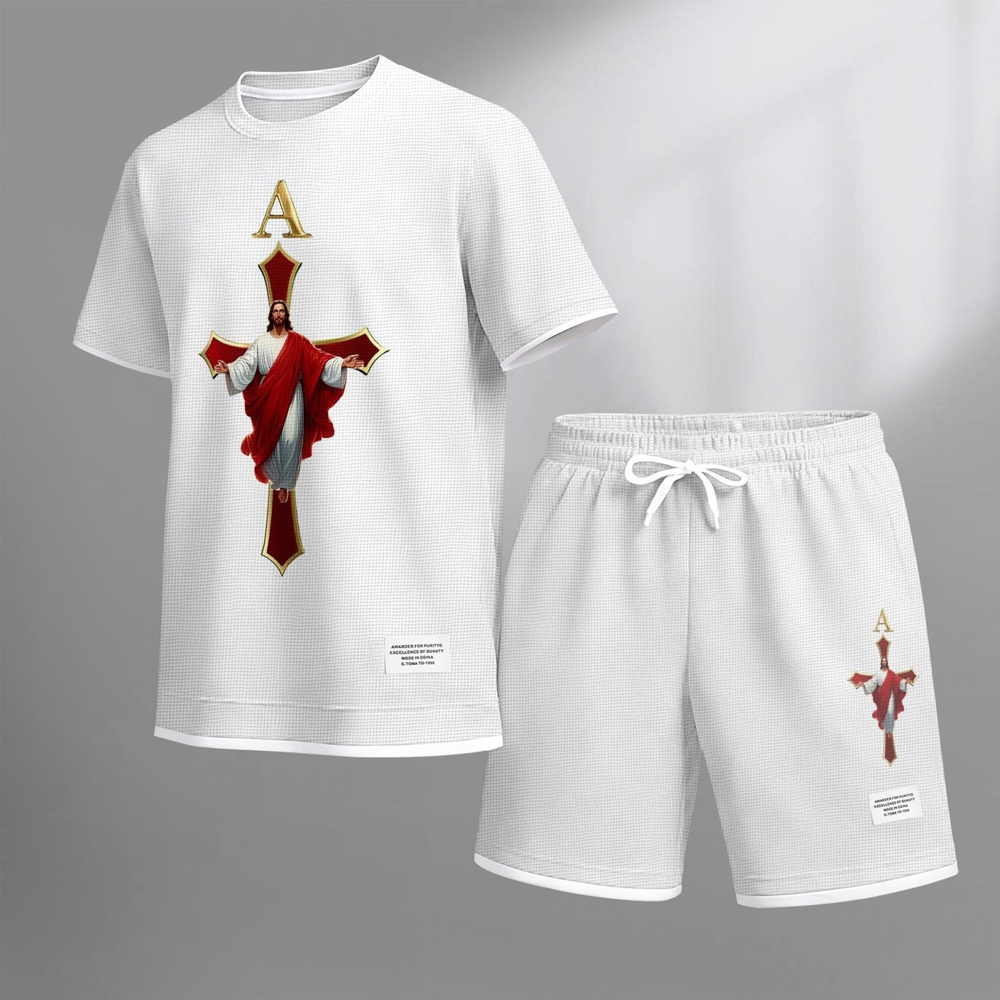 Men's Jesue print drawstring shorts set for spring/summer, a casual summer outfit including a short-sleeved shirt and shorts, suitable for everyday wear and sports. A two-piece set for a relaxed and energetic lifestyle.