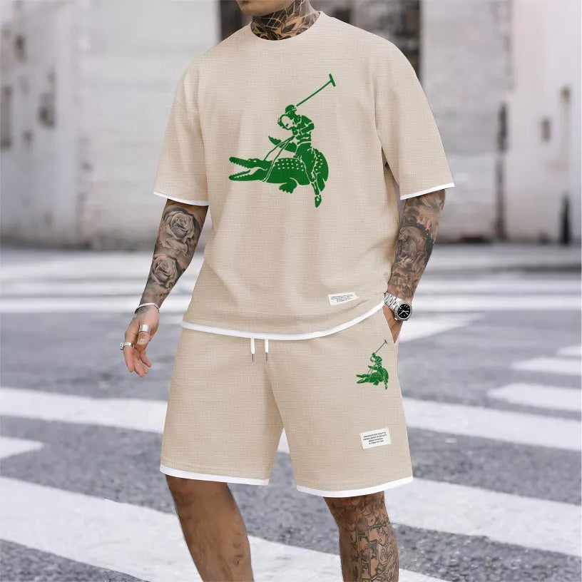 Men's Funny Crocodile Print Waffle Fabric Short-Sleeved Shirt And Shorts Set 02