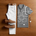 Men's Casual Dark Gray Geometry Printed Polo Shirt And Pants Two-Piece Set