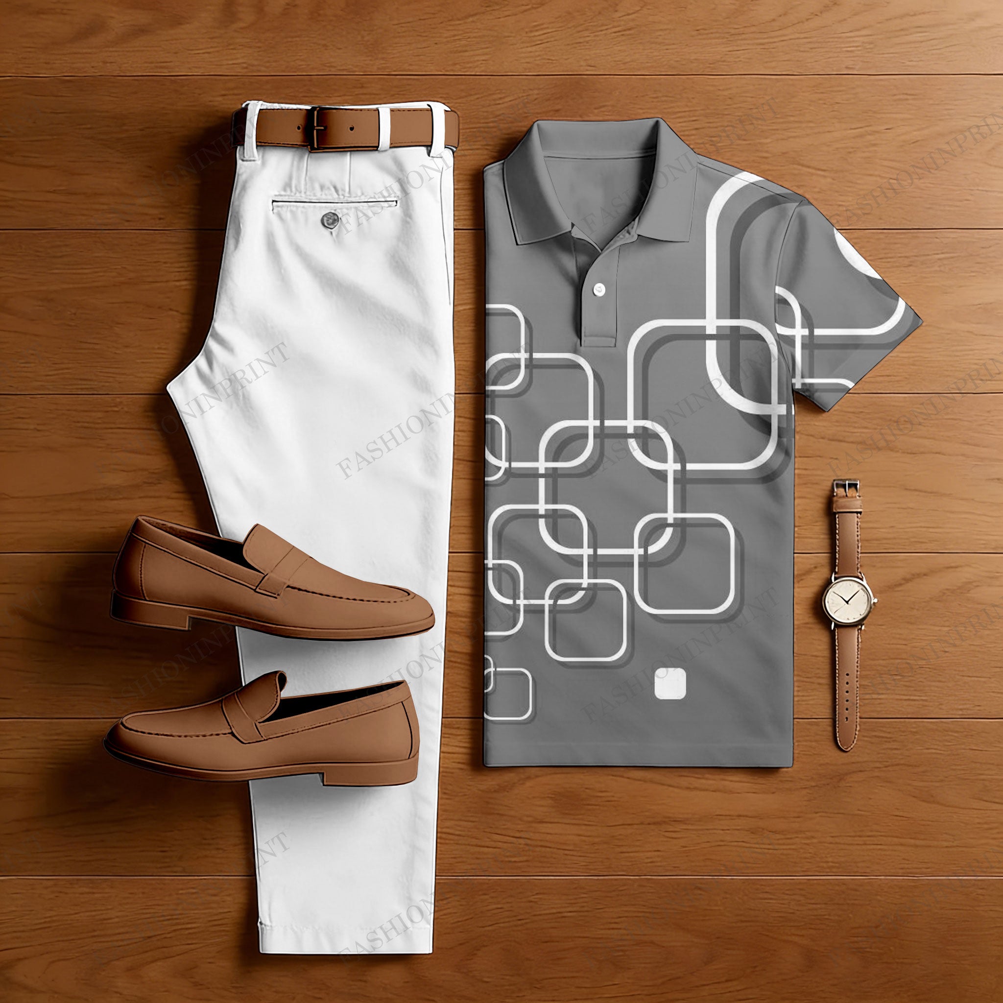 Men's Casual Dark Gray Geometry Printed Polo Shirt And Pants Two-Piece Set