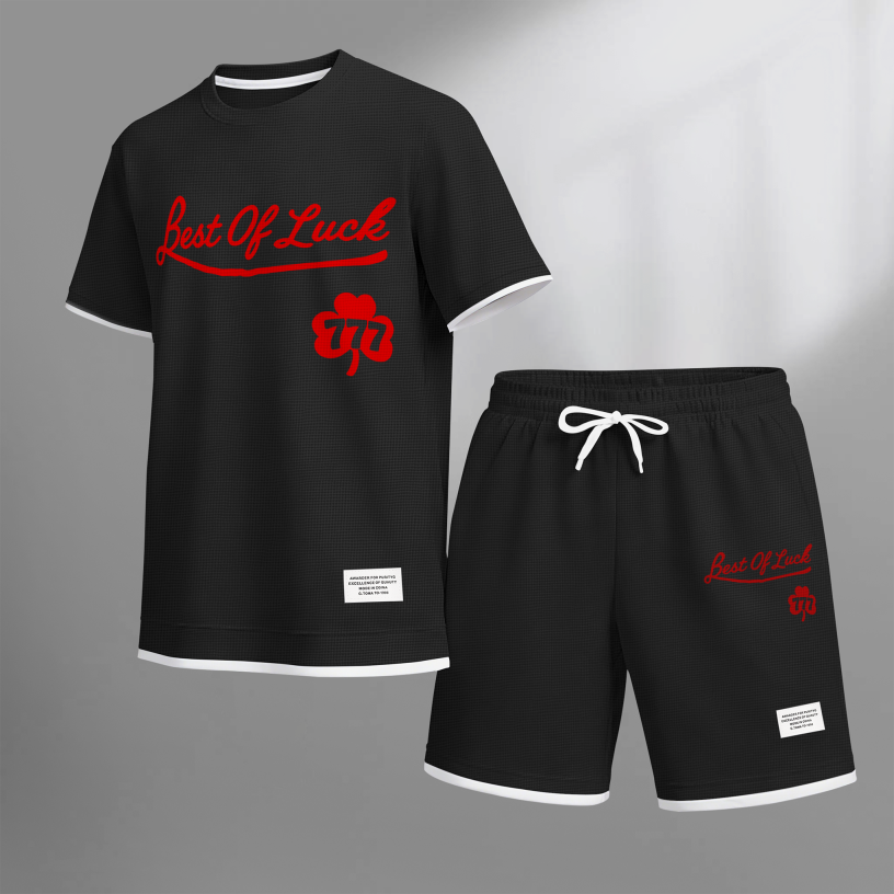 Men's Casual Style 777 Print Waffle Fabric Short-Sleeved Shirt And Shorts Set