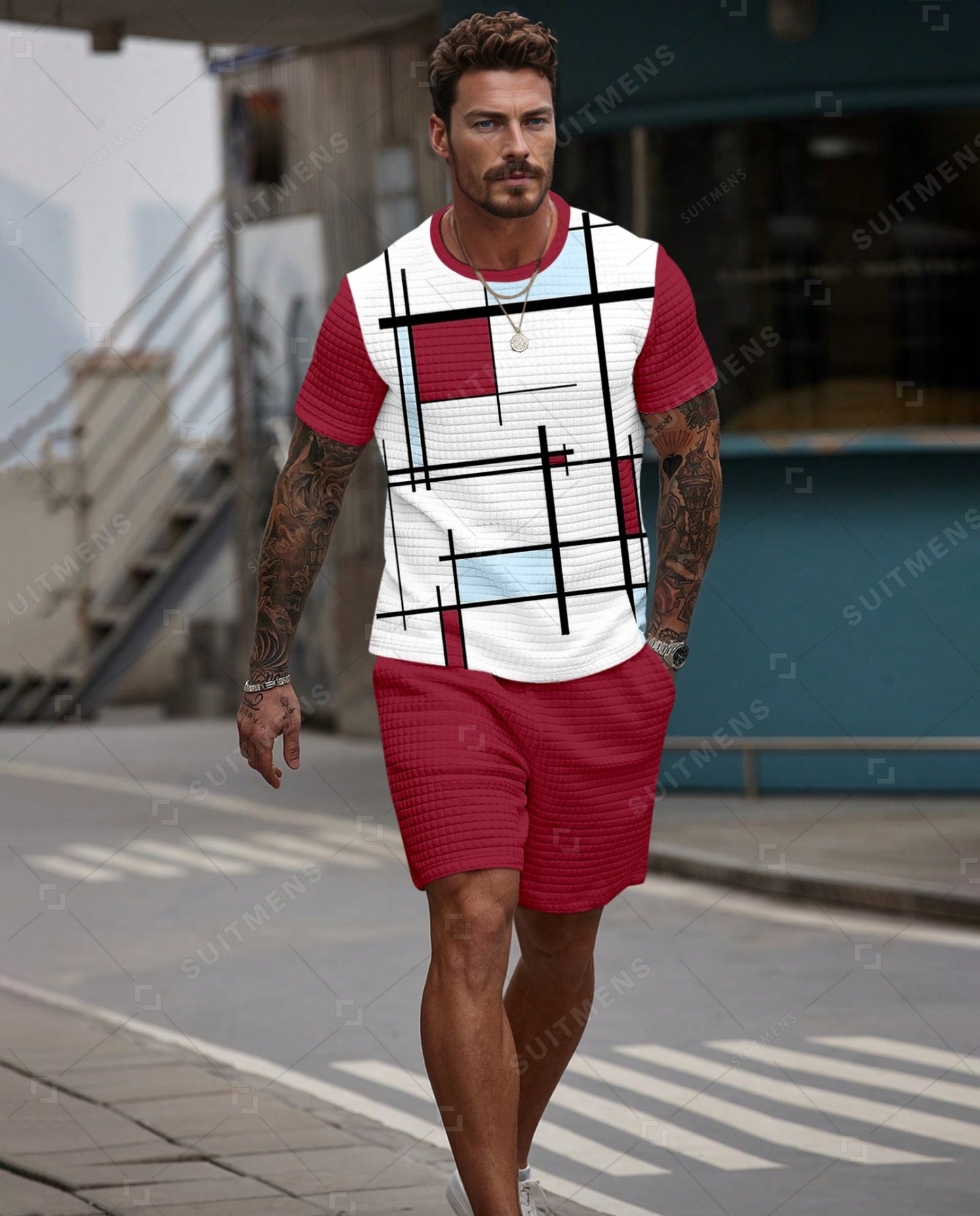 Men's Casual Waffle Textured Summer Round Neck Short Sleeve Shorts Set 0019