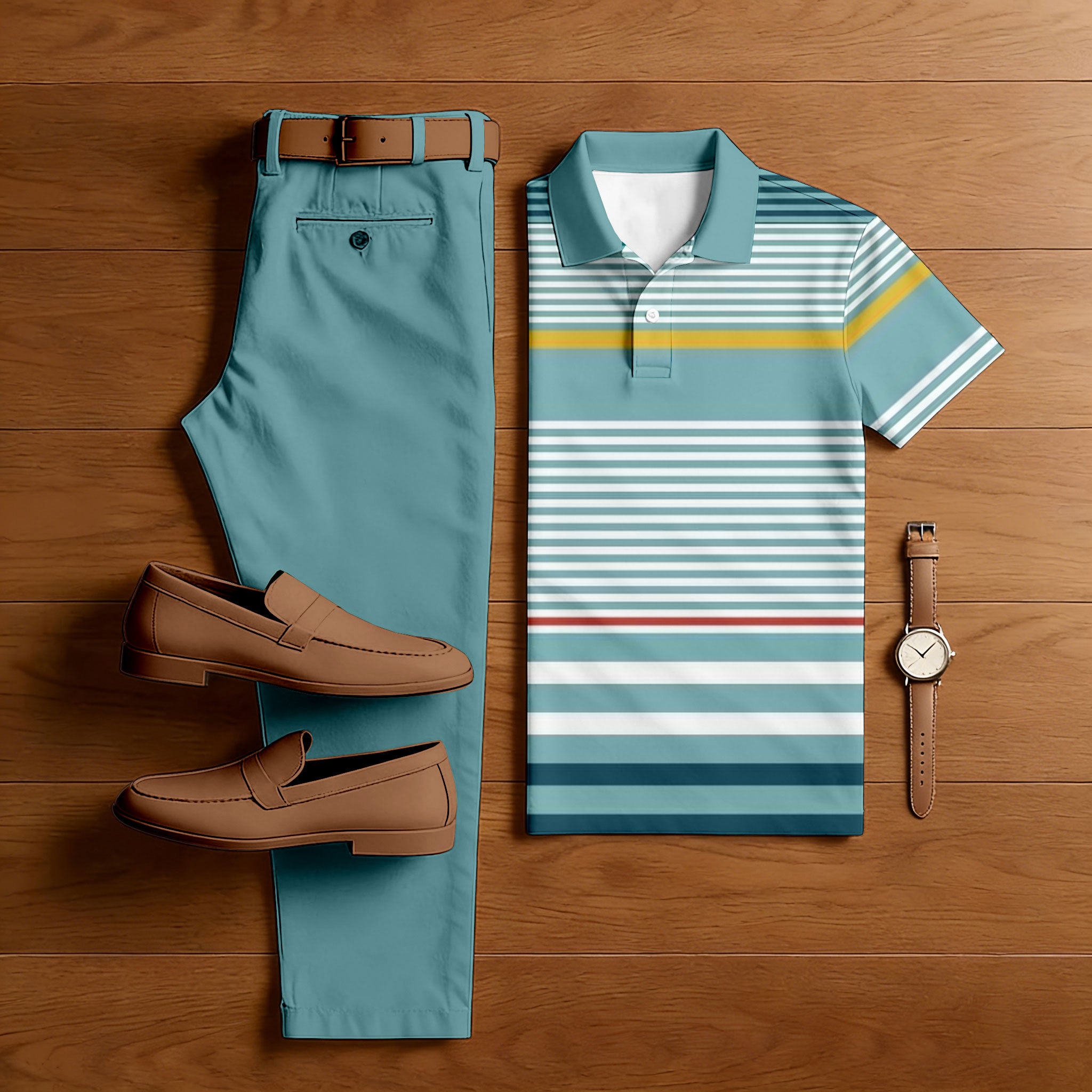Men's Casual Green & Yellow Color Matching Striped Printed Short Sleeved Polo Shirt & Trousers Two-Piece Set