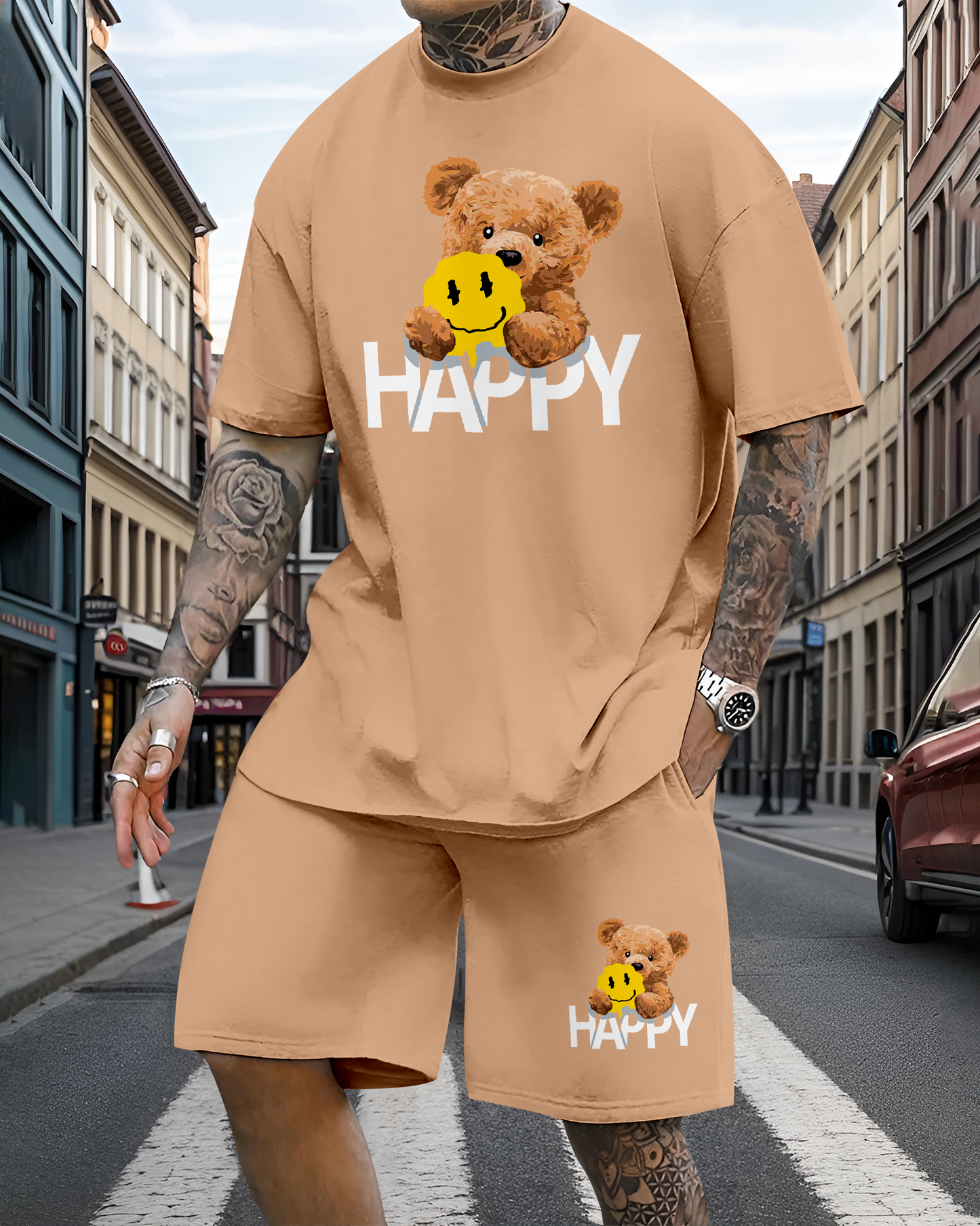 Men's casual fun bear print shorts set 606