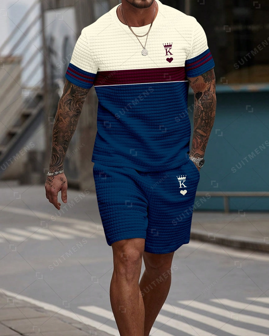 Men's Casual Waffle Textured Summer Round Neck Short Sleeve Shorts Set 0021