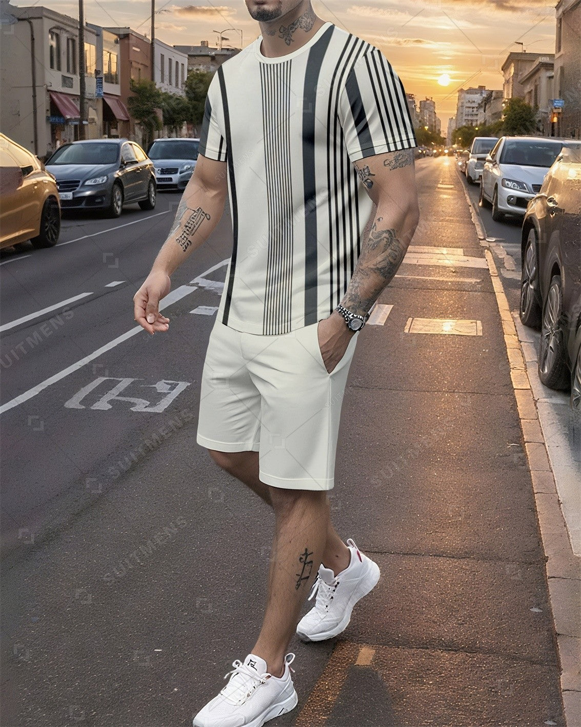 Men's Summer Colorblock Printed Round Neck Set 762