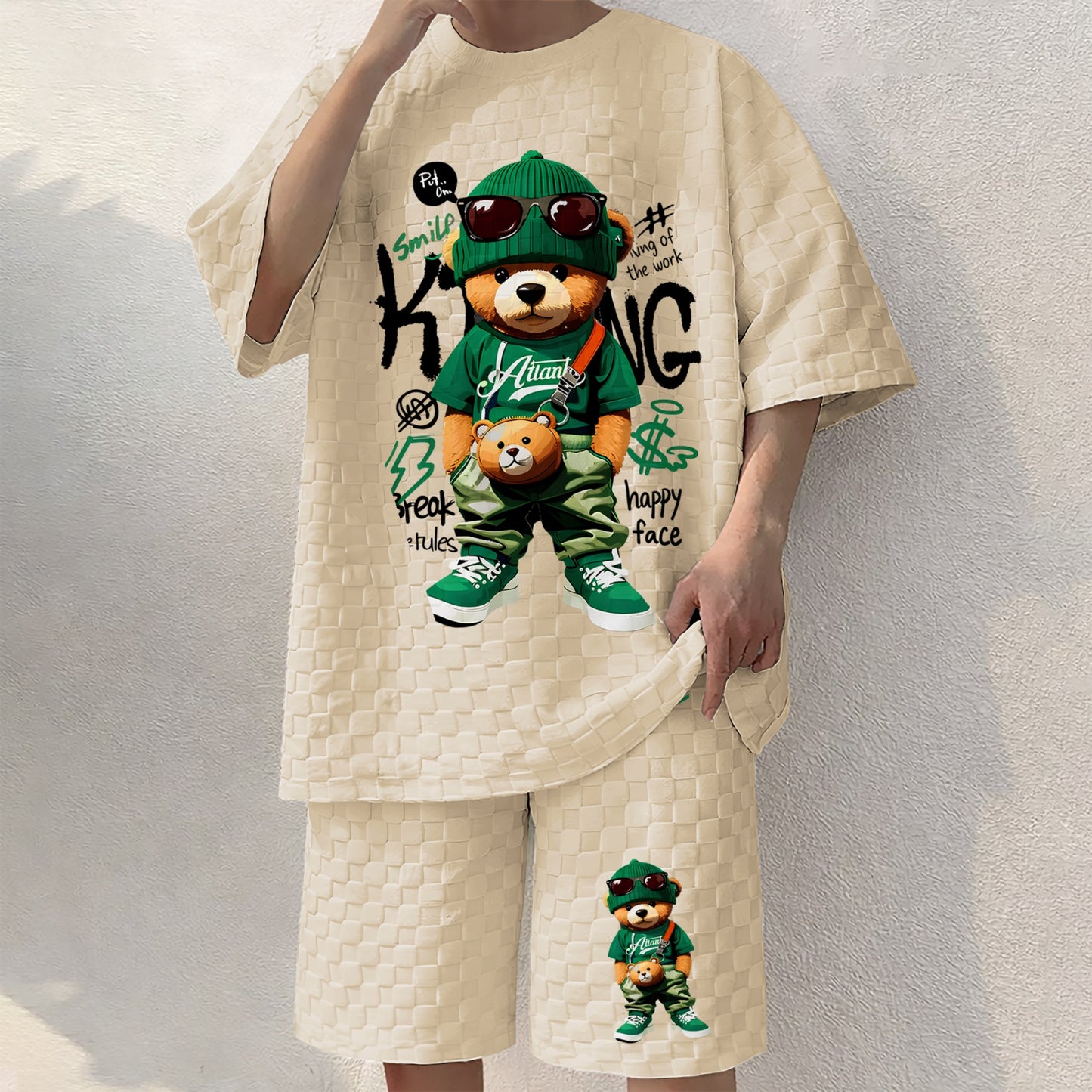 Men's Bear Graphic Print Spring And Summer Drawstring Shorts Set, A Casual Summer Outfit, Including A Short-Sleeved Shirt And Shorts, Suitable For Everyday Wear And Sports Activities.