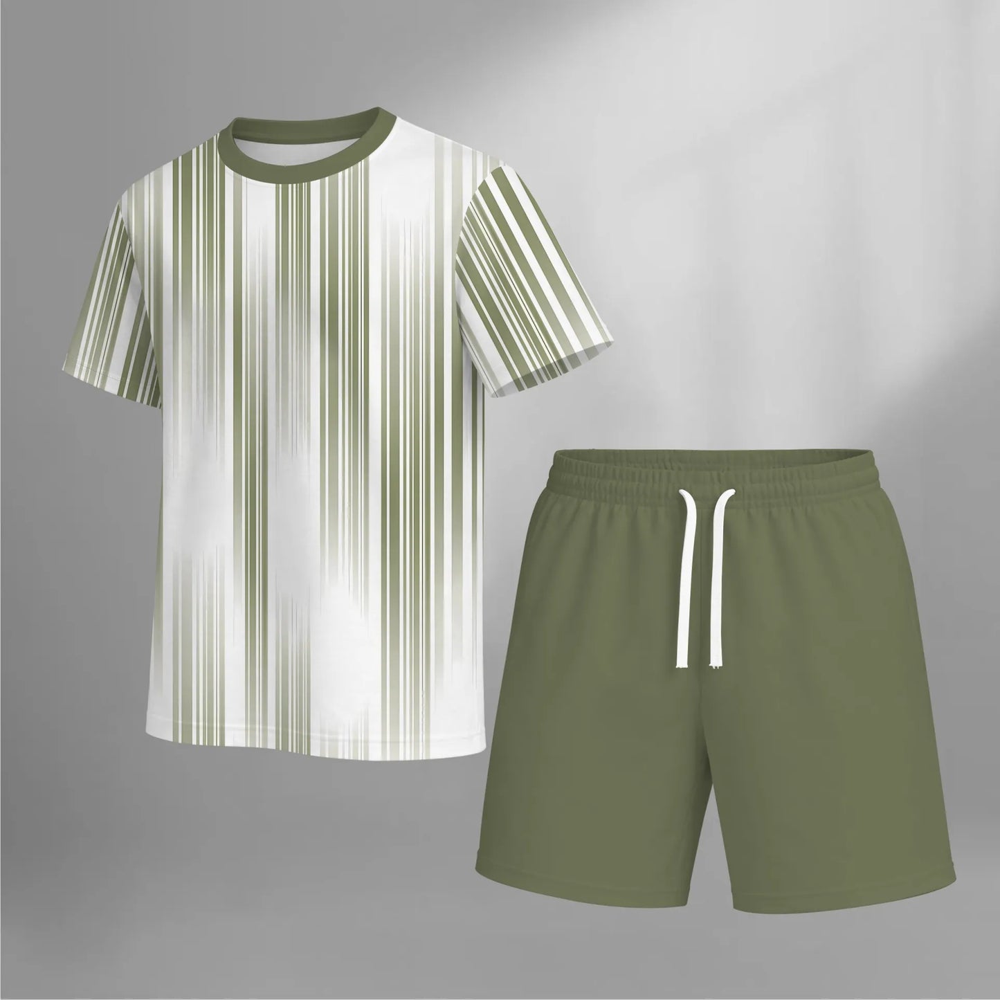 Men’s Summer 2 Piece Set, Vertical Stripe Print Short Sleeve T Shirt and Drawstring Shorts Matching Outfit, Lightweight Breathable Casual Set for Beach, Vacation, Gym, Travel, Running, and Daily Wear