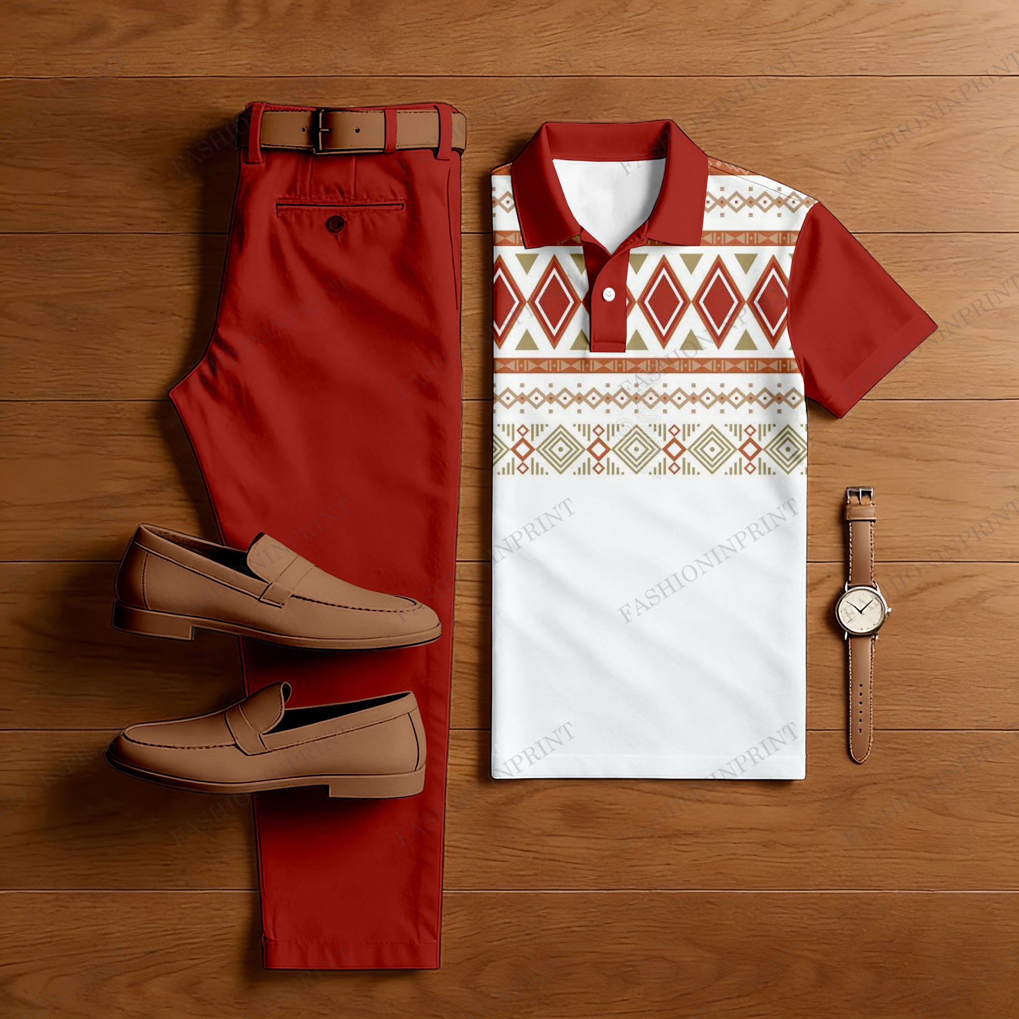 Men's Casual Red & White Color Matching Ethnic Style Printed Short Sleeved Polo Shirt & Trousers Two-Piece Set