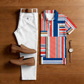 Men's Casual Pink & White Color Matching Geometric Printed Short Sleeved Polo Shirt & Trousers Two-Piece Set