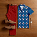 Men's Casual Red & Royal Blue Color Matching Star Printed Short Sleeved Polo Shirt & Trousers Two-Piece Set
