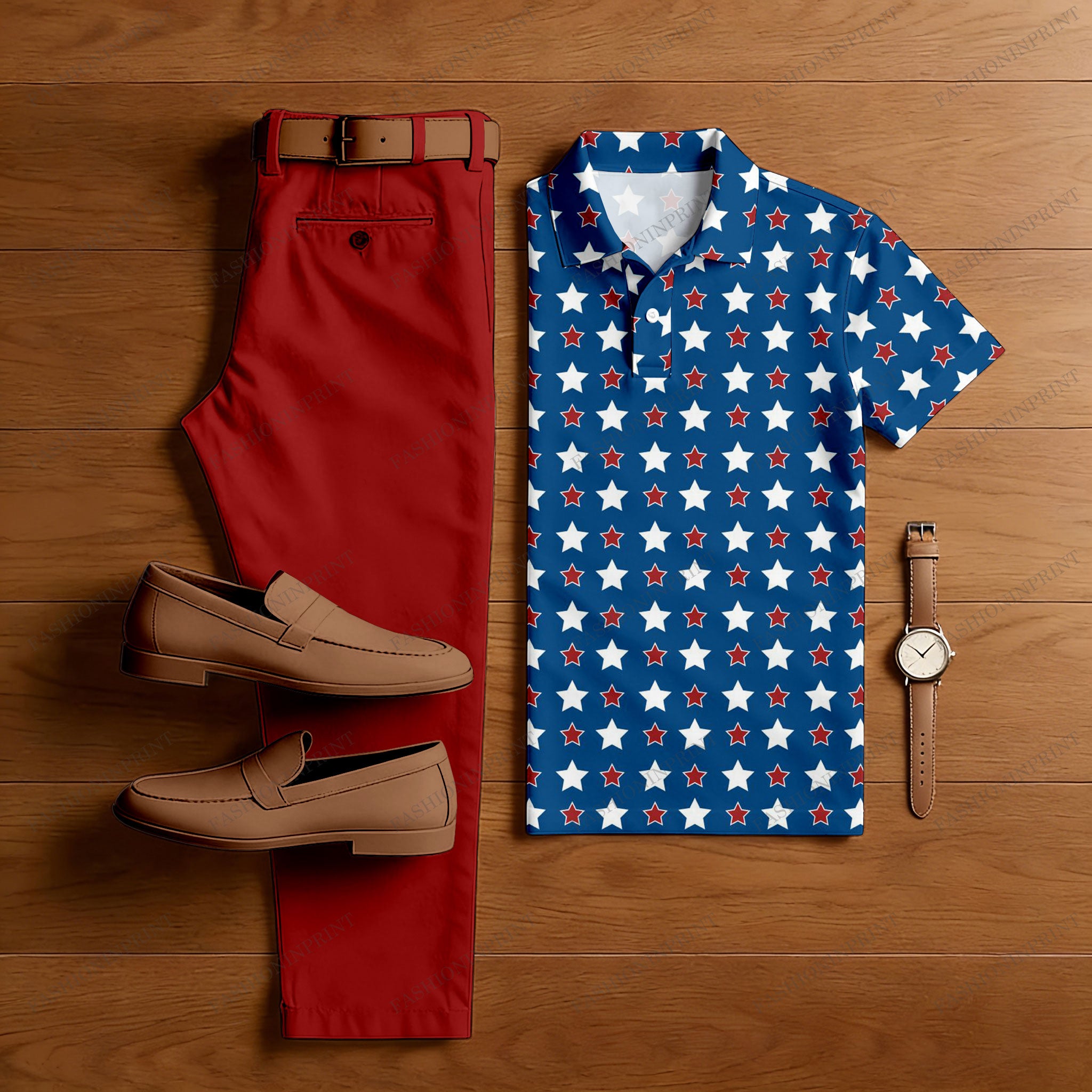 Men's Casual Red & Royal Blue Color Matching Star Printed Short Sleeved Polo Shirt & Trousers Two-Piece Set