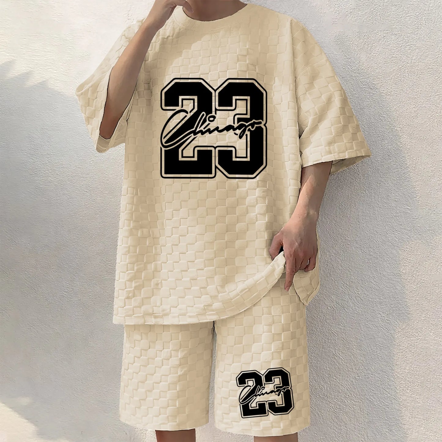 Men's No. 23 Graphic Print Spring And Summer Drawstring Shorts Set, A Casual Summer Outfit, Including A Short-Sleeved Shirt And Shorts, Suitable For Everyday Wear And Sports Activities. A Two-Piece Set For A Relaxed And Active Lifestyle.