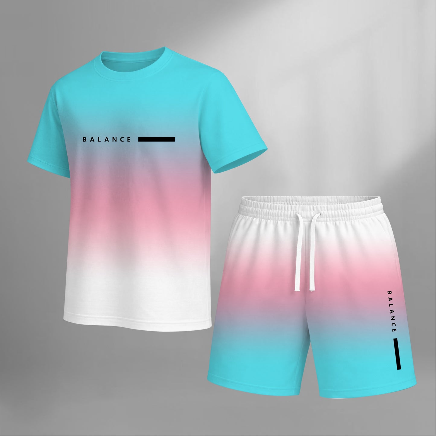 Men’s Summer 2 Piece Set, Gradient Color Short Sleeve T Shirt and Drawstring Shorts Matching Outfit, Lightweight Breathable Casual Set for Beach, Vacation, Gym, Travel, Running, and Daily Wear