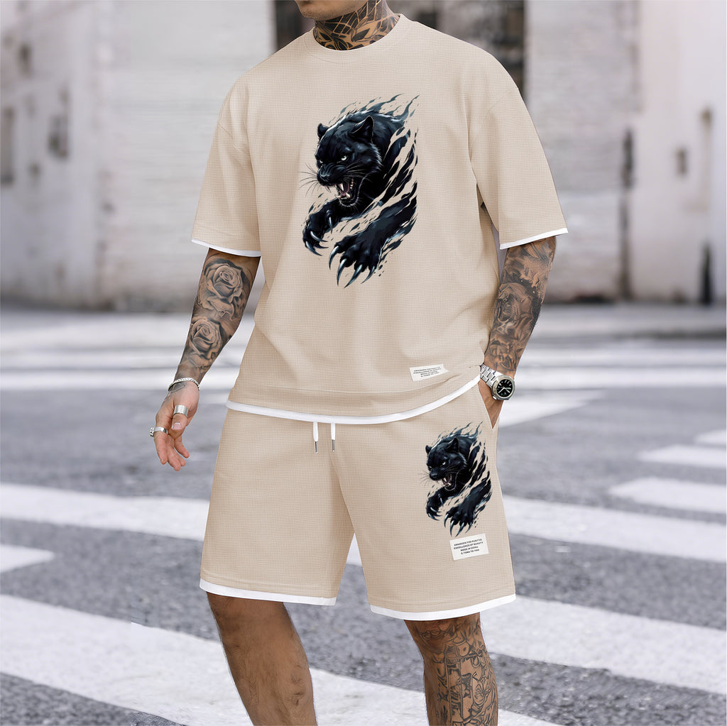 Men's Black Panther Graphic Print Waffle Short Sleeve T-Shirt & Shorts Set, Summer Lightweight Sporty Casual Two-Piece Outfit, Streetwear for Gym & Daily Wear