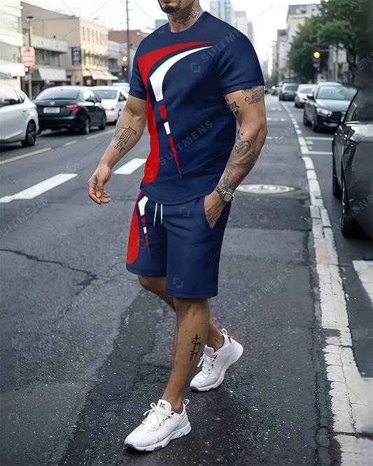Men's Summer Gradient Print Round Neck Set 934
