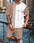 Men's Colorblock Round Neck Jacquard Texture Print Shorts Set  005