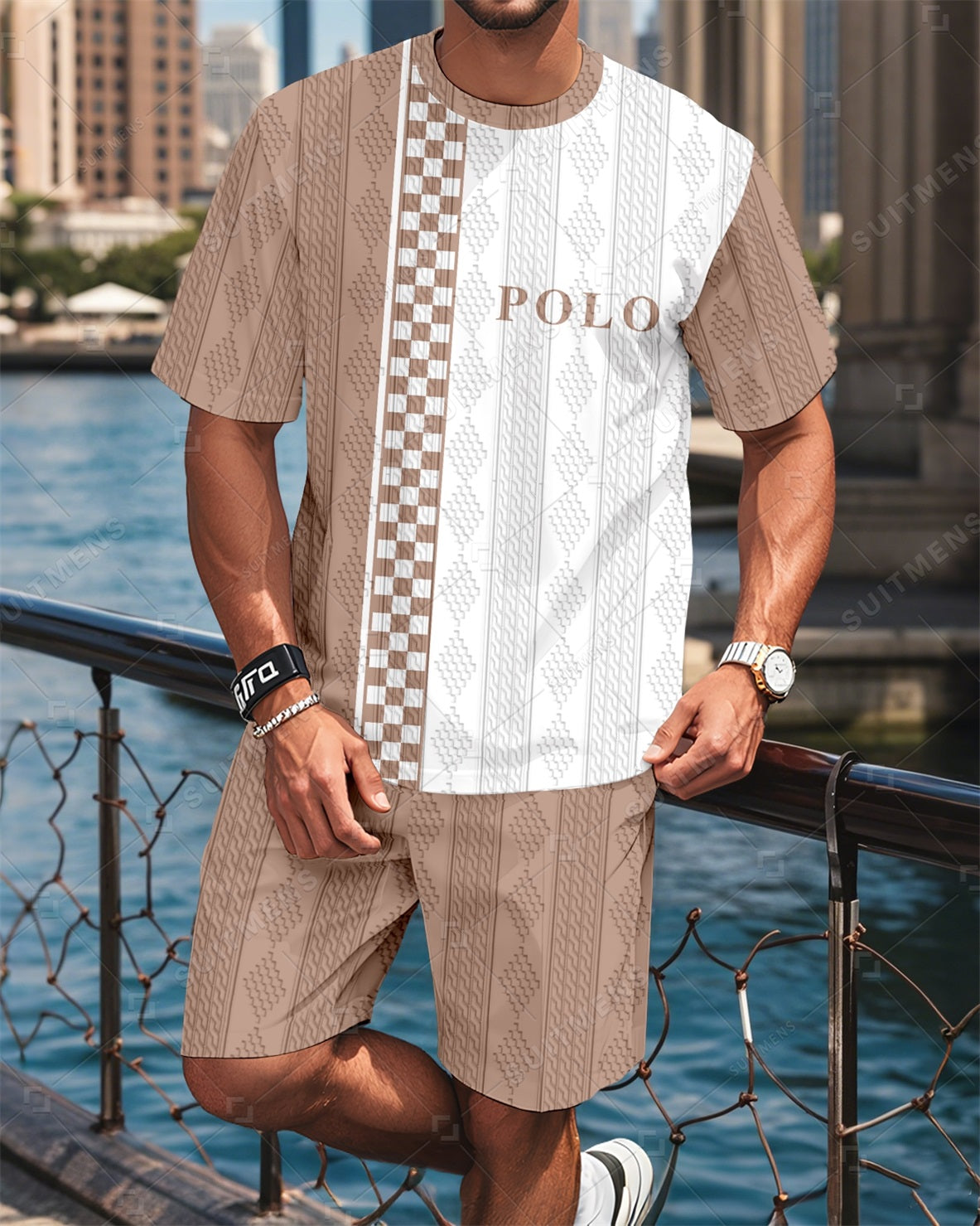 Men's Colorblock Round Neck Jacquard Texture Print Shorts Set  005