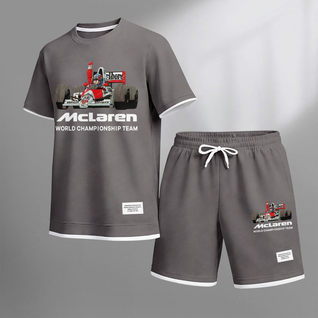 Men's Super Racing Print Waffle Fabric Short-Sleeved Shirt And Shorts Set