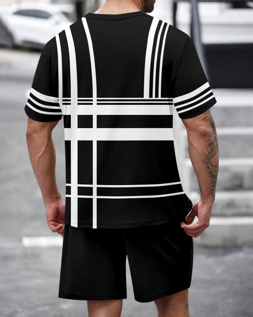 Men's Summer Colorblock Printed Round Neck Set 464