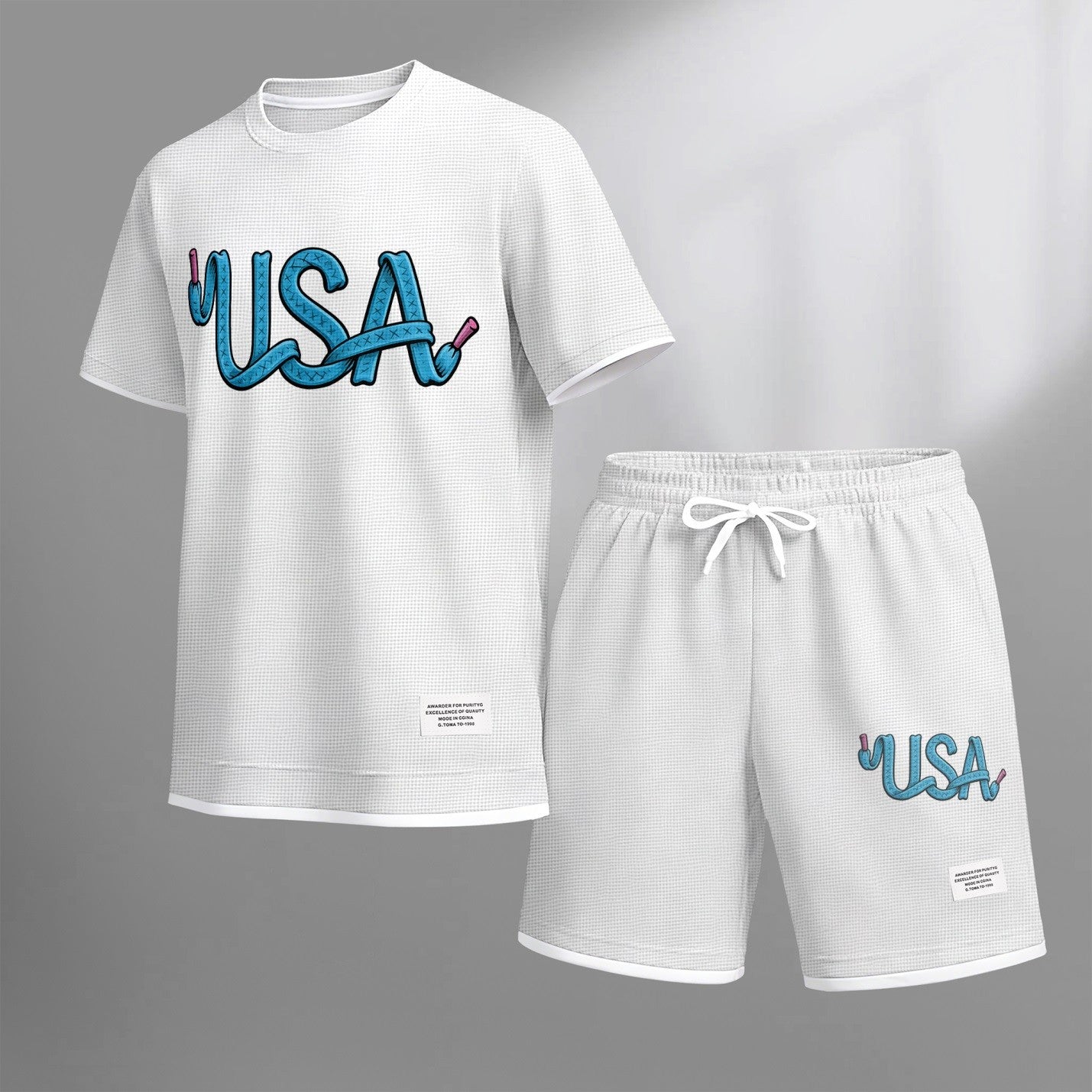 Men's USA print drawstring shorts set for spring/summer, a casual summer outfit including a short-sleeved shirt and shorts, suitable for everyday wear and sports. A two-piece set for a relaxed and energetic lifestyle.