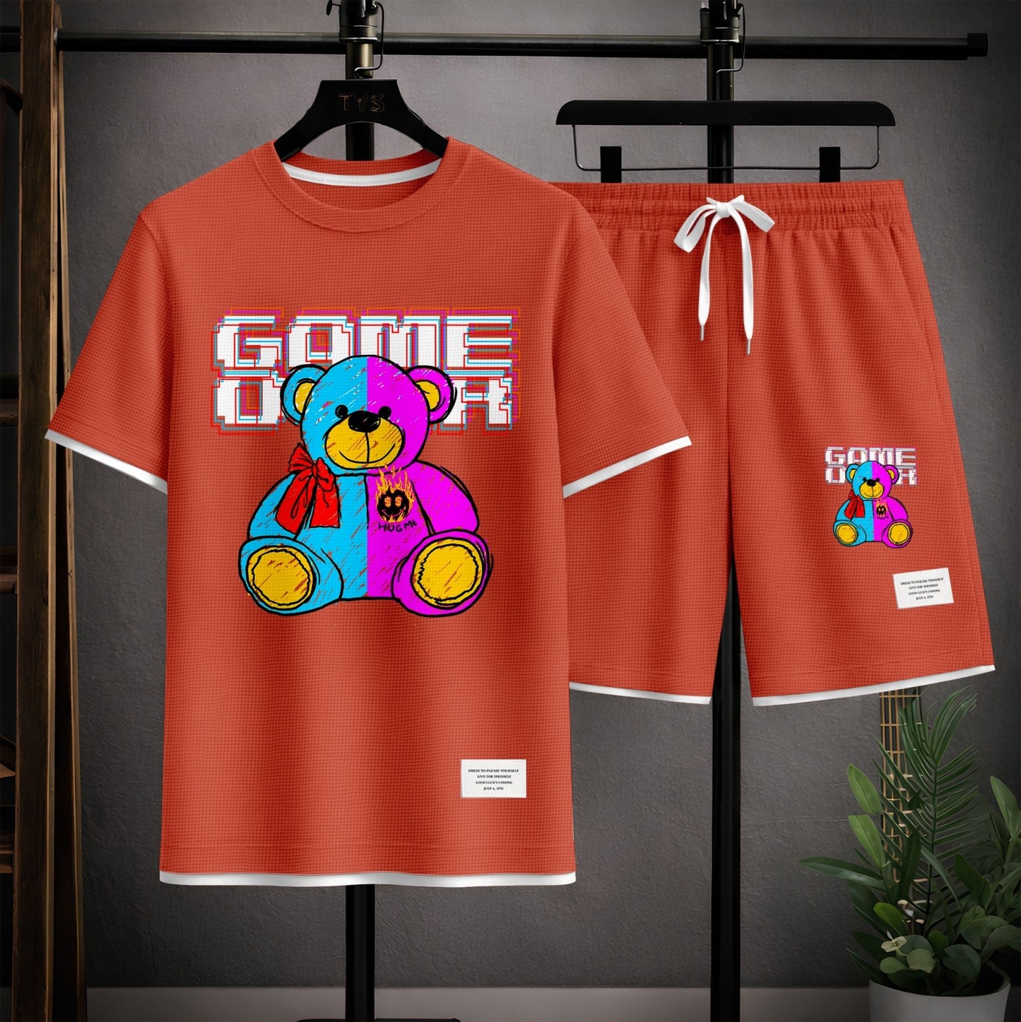 Men's Bear Graphic Print Short Sleeve Shirt and Drawstring Shorts Set, Casual Summer Two-Piece Outfit, Lightweight Breathable Relaxed Fit Athletic Set for Daily Wear, Beach, Vacation, Travel and Loungewear