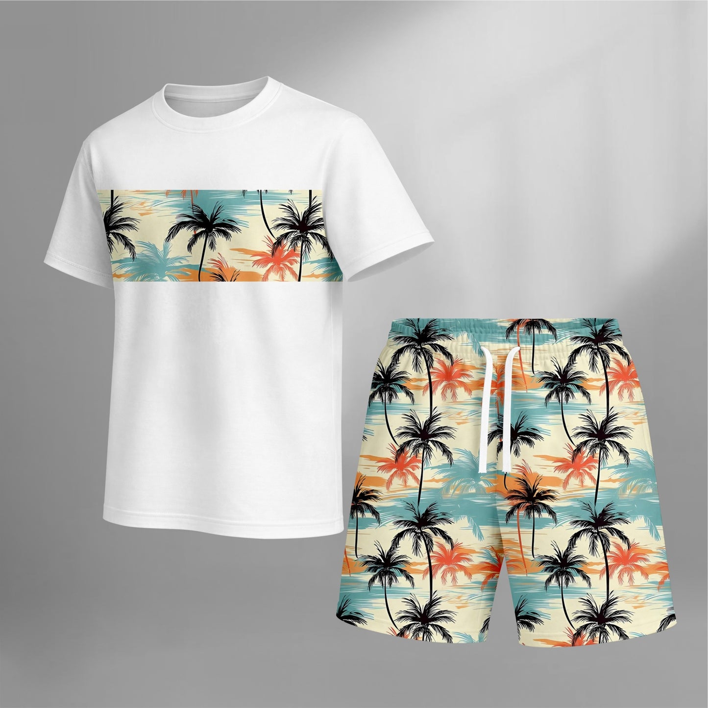 Men’s Beach Print Matching Set, Tropical Palm Graphic Short Sleeve Tee and Elastic Waist Shorts 2 Piece Outfit, Soft Breathable Summer Clothing for Vacation, Seaside Trips, Cruise, Holiday, Outdoor Leisure, and Everyday Wear