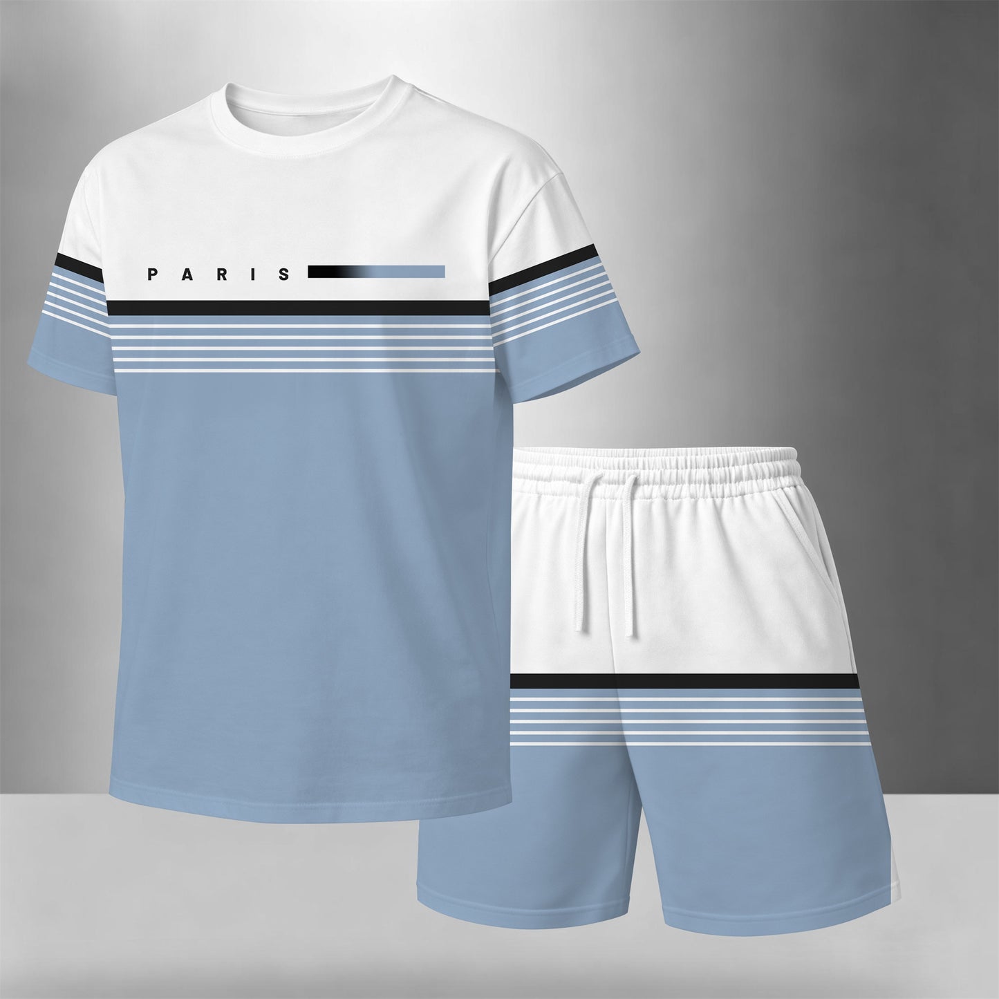 Men’s Summer 2 Pack T Shirt and Shorts Sets, Paris Stripe Graphic Short Sleeve Tops with Drawstring Shorts, Soft Breathable Matching Outfits for Beach, Outdoor Activities, Vacation, Streetwear, and Everyday Style