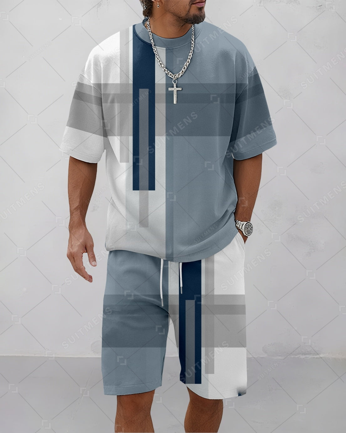 Men's Summer Colorblock Printed Round Neck Suit 067
