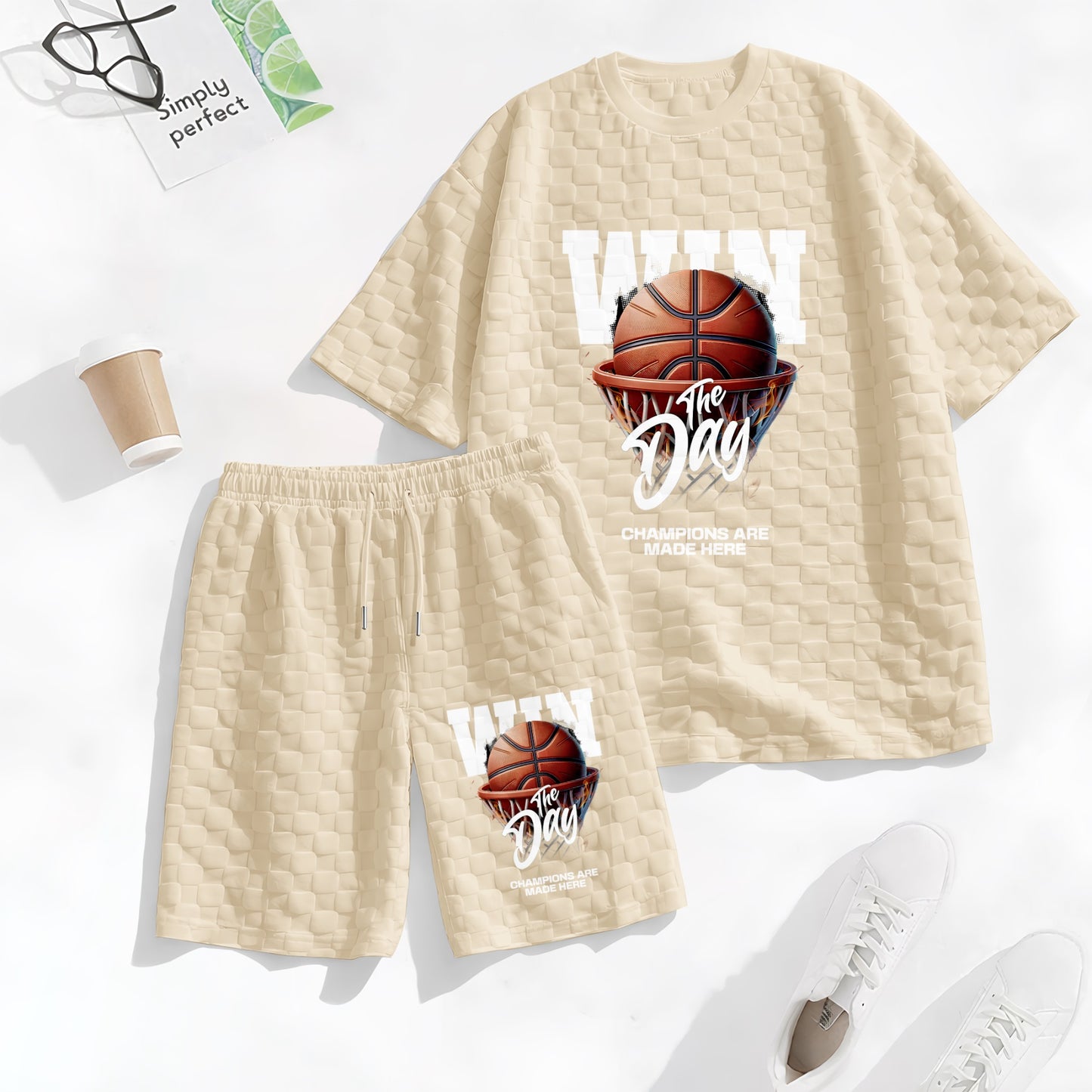 Men's Basketball Graphic Print Spring And Summer Drawstring Shorts Set, A Casual Summer Outfit, Including A Short-Sleeved Shirt And Shorts, Suitable For Everyday Wear And Sports Activities.