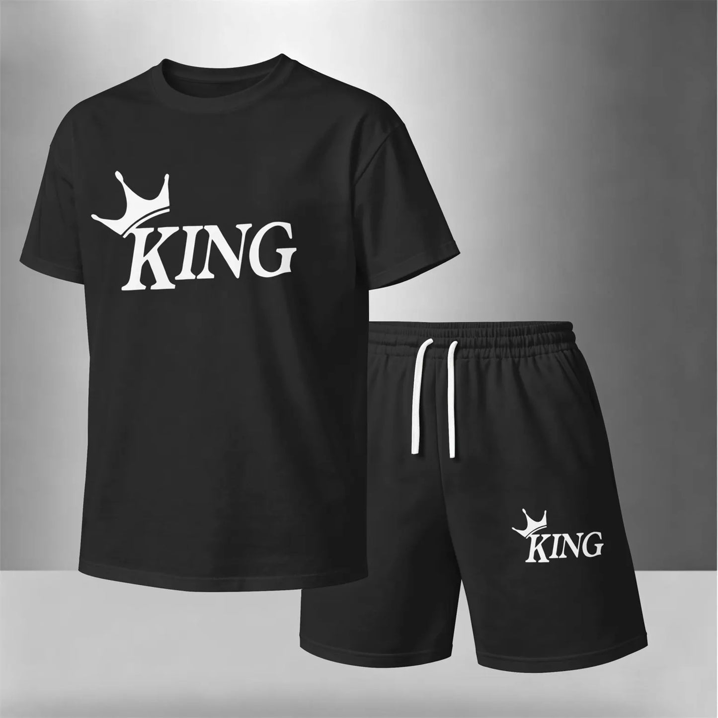 Men’s Summer 2 Piece Set, KING Crown Print Short Sleeve T Shirt and Drawstring Shorts Matching Outfit, Lightweight Breathable Casual Set for Beach, Vacation, Gym, Travel, Running, and Daily Wear