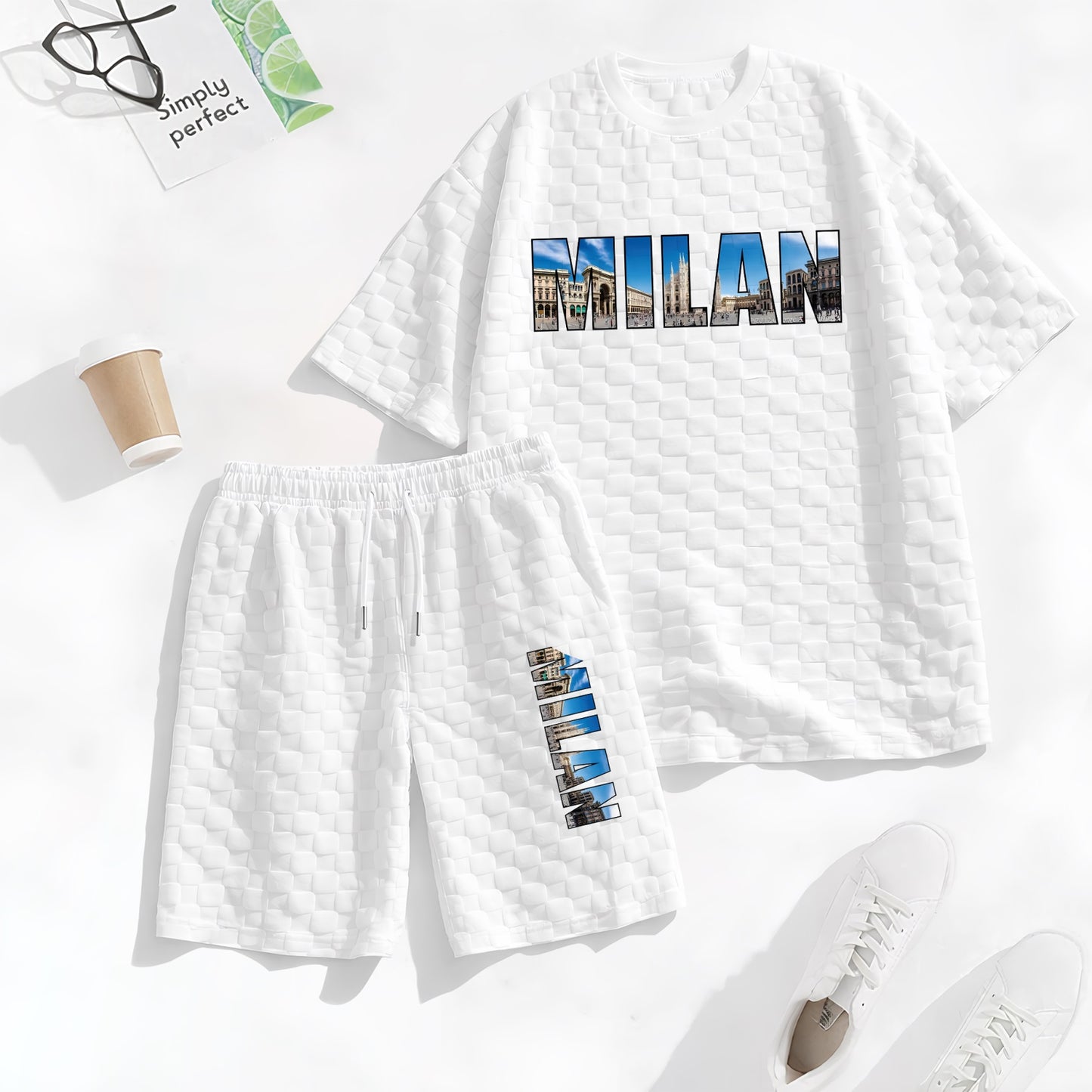 Men's Spring and Summer Milan Letter Print Checkered Fabric Drawstring Shorts Set, Casual Summer Outfit with Short-Sleeved Shirt and Shorts, Ideal for Everyday Wear and Sports Activities
