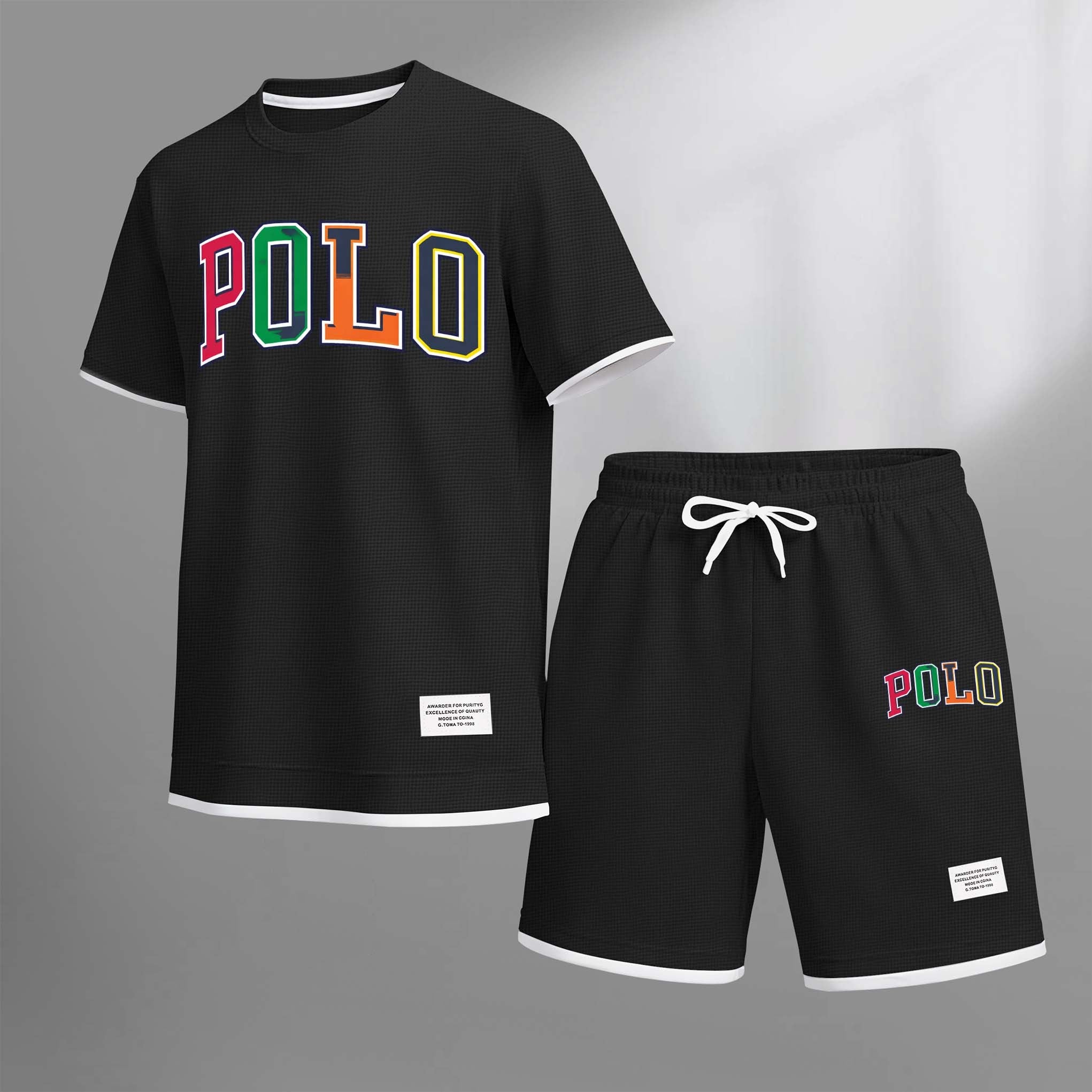 Men's Polo Print Drawstring Shorts Set For Spring/Summer. A Casual Summer Outfit, Including A Short-Sleeved Shirt And Shorts, Suitable For Everyday Wear And Sports. A Two-Piece Set For A Relaxed And Energetic Lifestyle.
