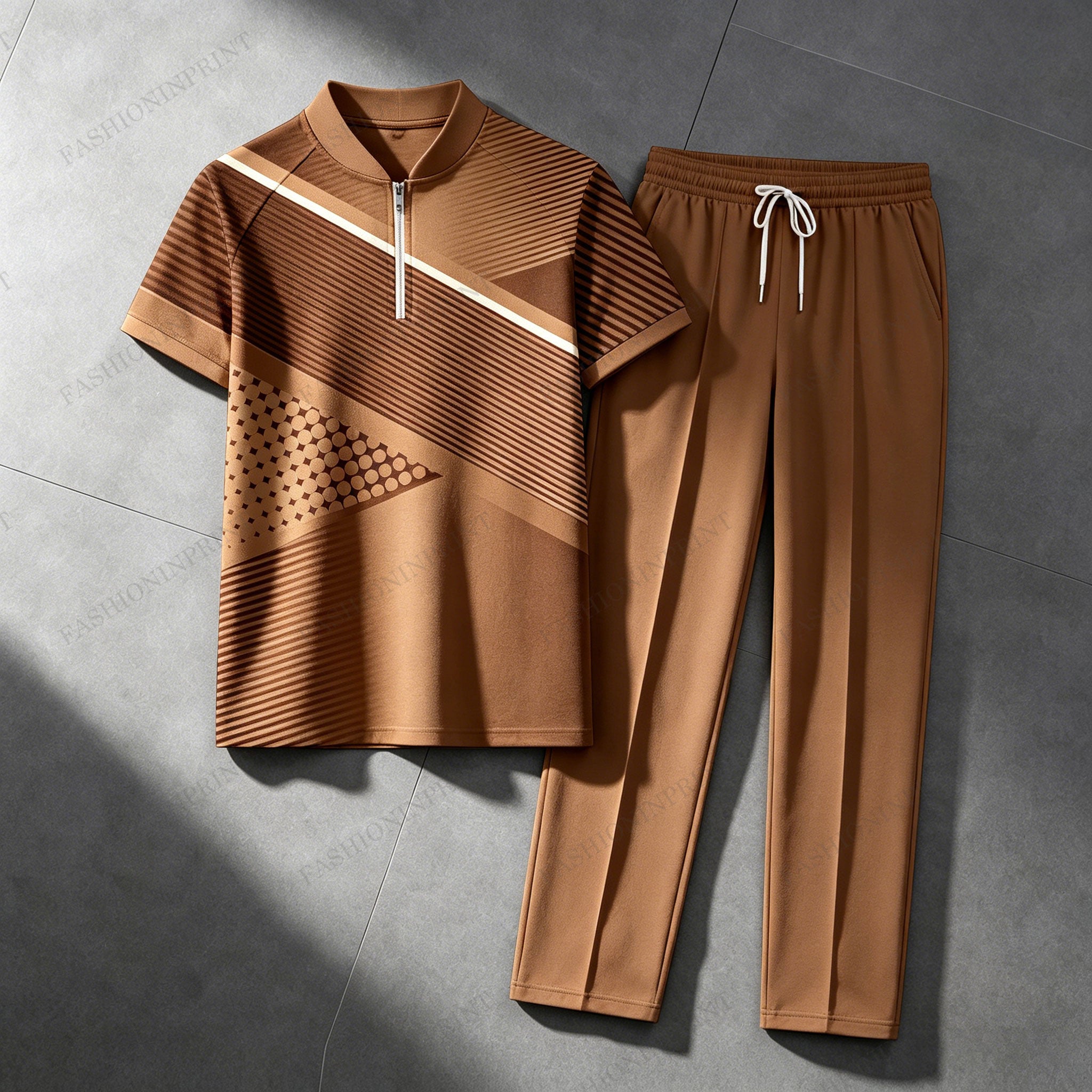 Men's Casual Brown Geometry  Print Crew Neck Short-Sleeve Shirt & Long Pants Set With Zipper Detail 204856