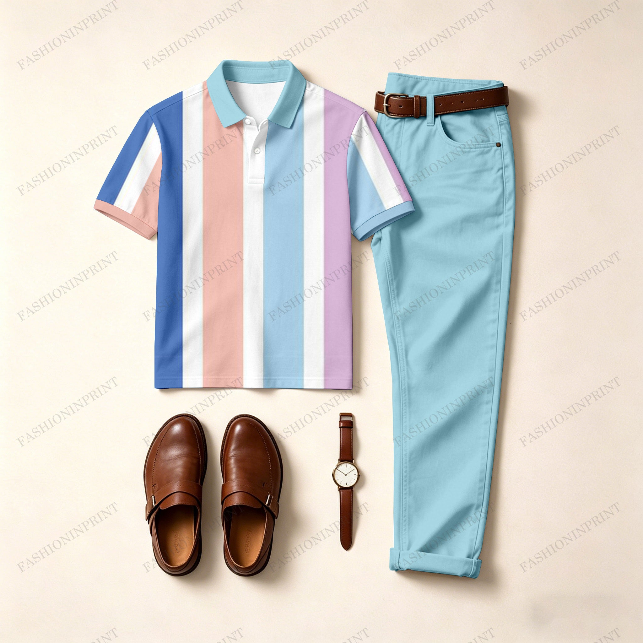 Men's Casual Colorful Stripes Printed Polo Shirt And Pants Two-Piece Set