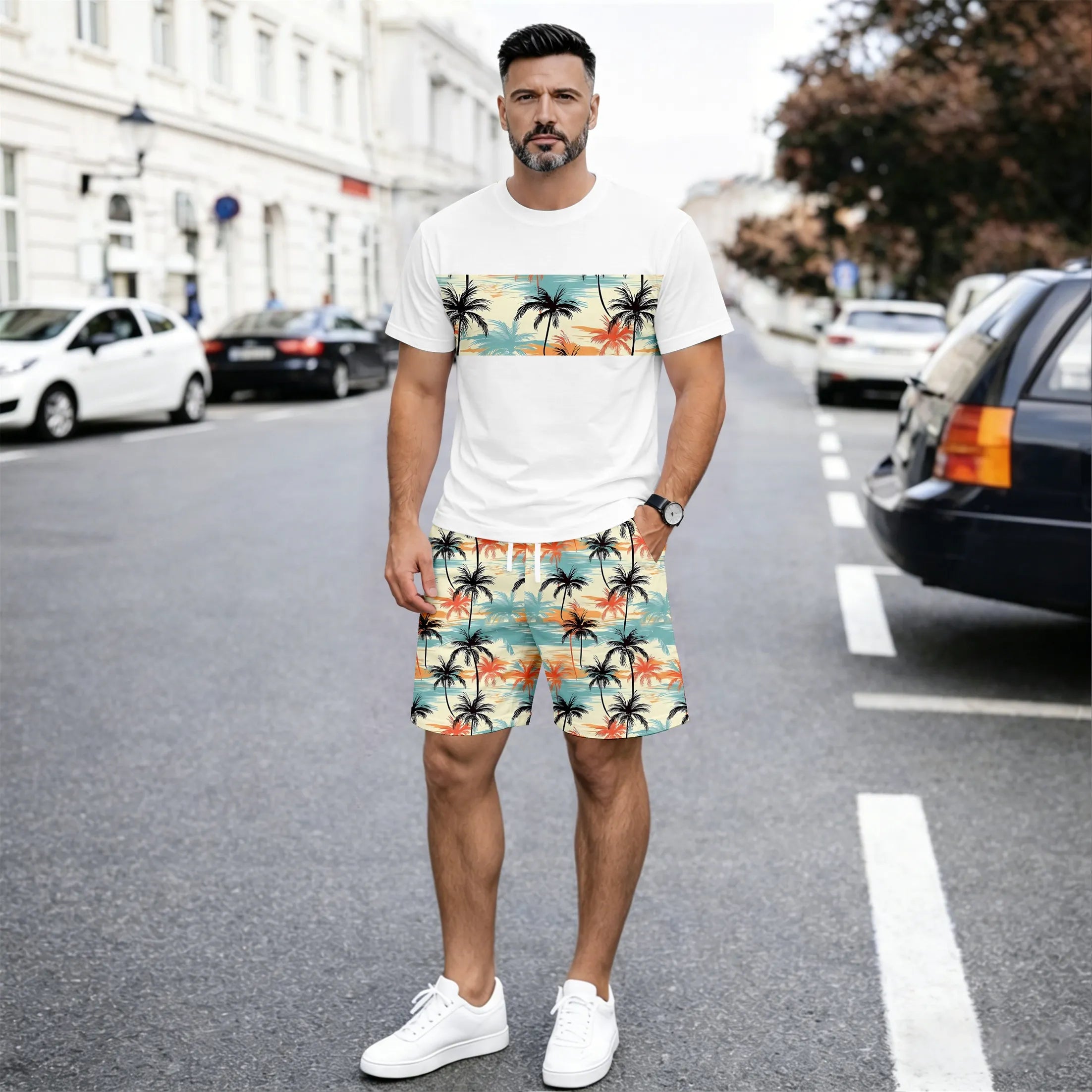 Men’s Beach Print Matching Set, Tropical Palm Graphic Short Sleeve Tee and Elastic Waist Shorts 2 Piece Outfit, Soft Breathable Summer Clothing for Vacation, Seaside Trips, Cruise, Holiday, Outdoor Leisure, and Everyday Wear