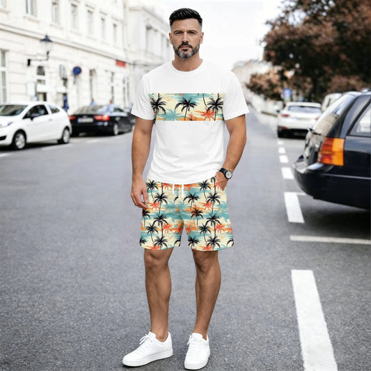 Men’s Beach Print Matching Set, Tropical Palm Graphic Short Sleeve Tee and Elastic Waist Shorts 2 Piece Outfit, Soft Breathable Summer Clothing for Vacation, Seaside Trips, Cruise, Holiday, Outdoor Leisure, and Everyday Wear