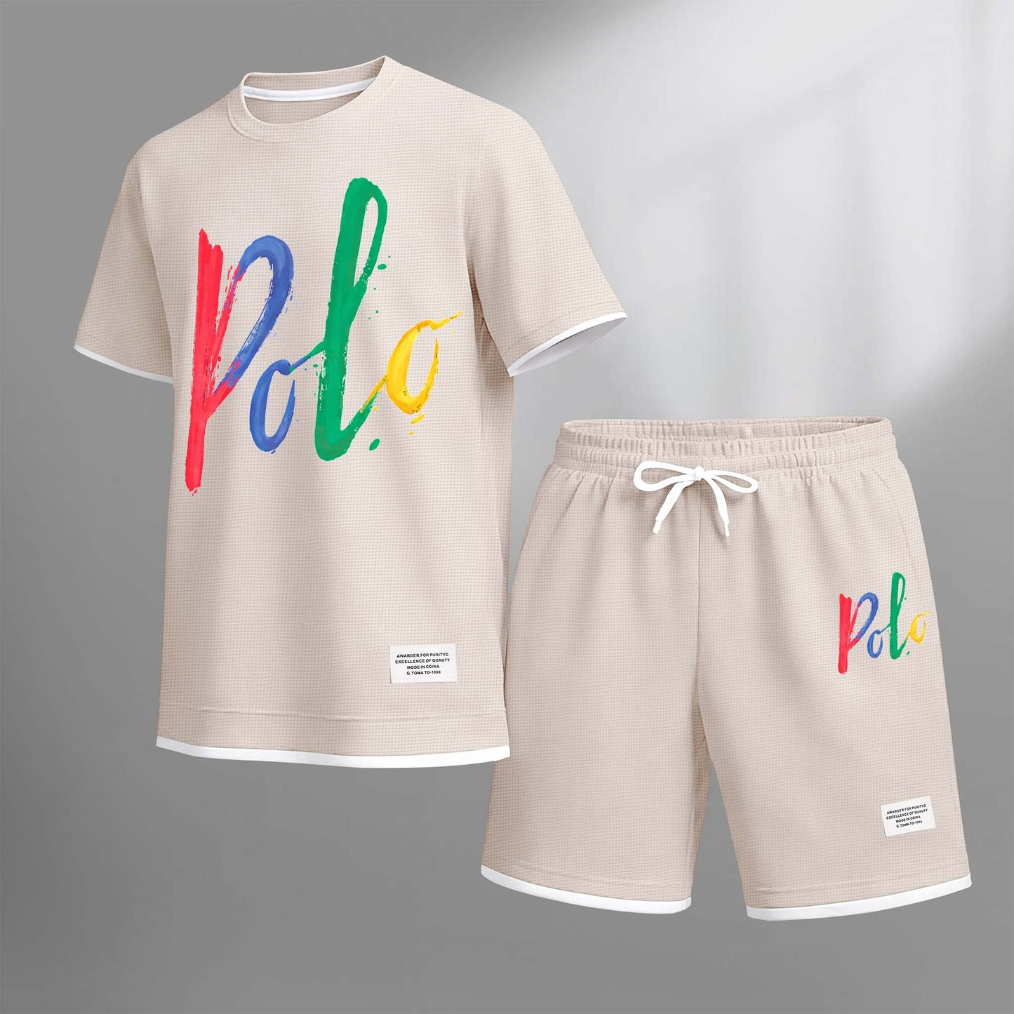 Men's Polo Print Drawstring Shorts Set For Spring/Summer. A Casual Summer Outfit, Including A Short-Sleeved Shirt And Shorts, Suitable For Everyday Wear And Sports. A Two-Piece Set For A Relaxed And Energetic Lifestyle.