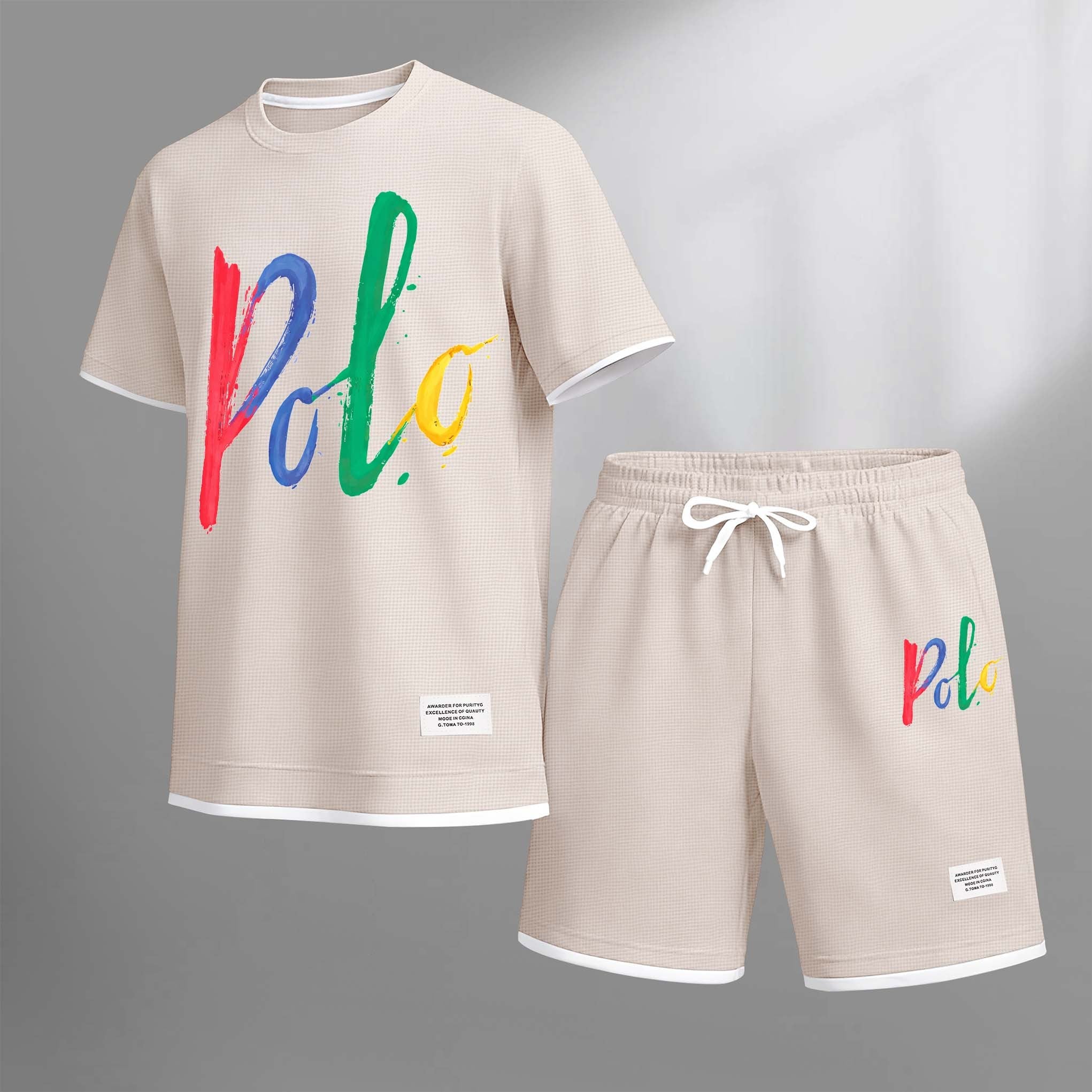 Men's Polo Print Drawstring Shorts Set For Spring/Summer. A Casual Summer Outfit, Including A Short-Sleeved Shirt And Shorts, Suitable For Everyday Wear And Sports. A Two-Piece Set For A Relaxed And Energetic Lifestyle.