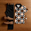 Men's Casual Black & White Color Matching Retro Style Printed Short Sleeved Polo Shirt & Trousers Two-Piece Set