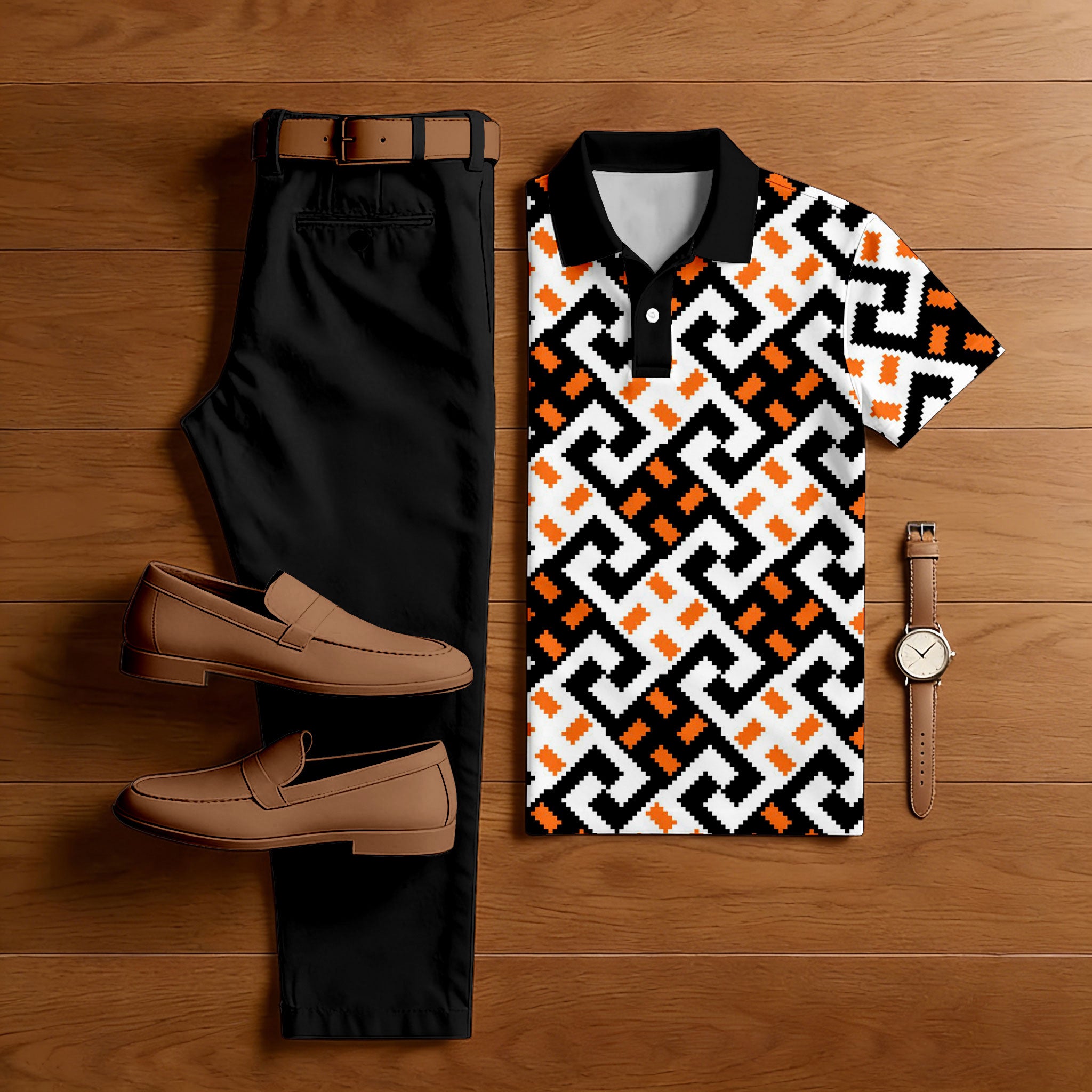 Men's Casual Black & White Color Matching Retro Style Printed Short Sleeved Polo Shirt & Trousers Two-Piece Set