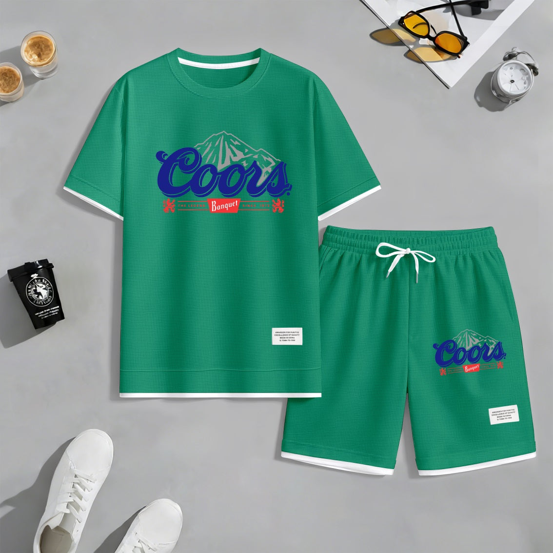 Men's American Beer Print Waffle Fabric Short-Sleeved Shirt And Shorts Set